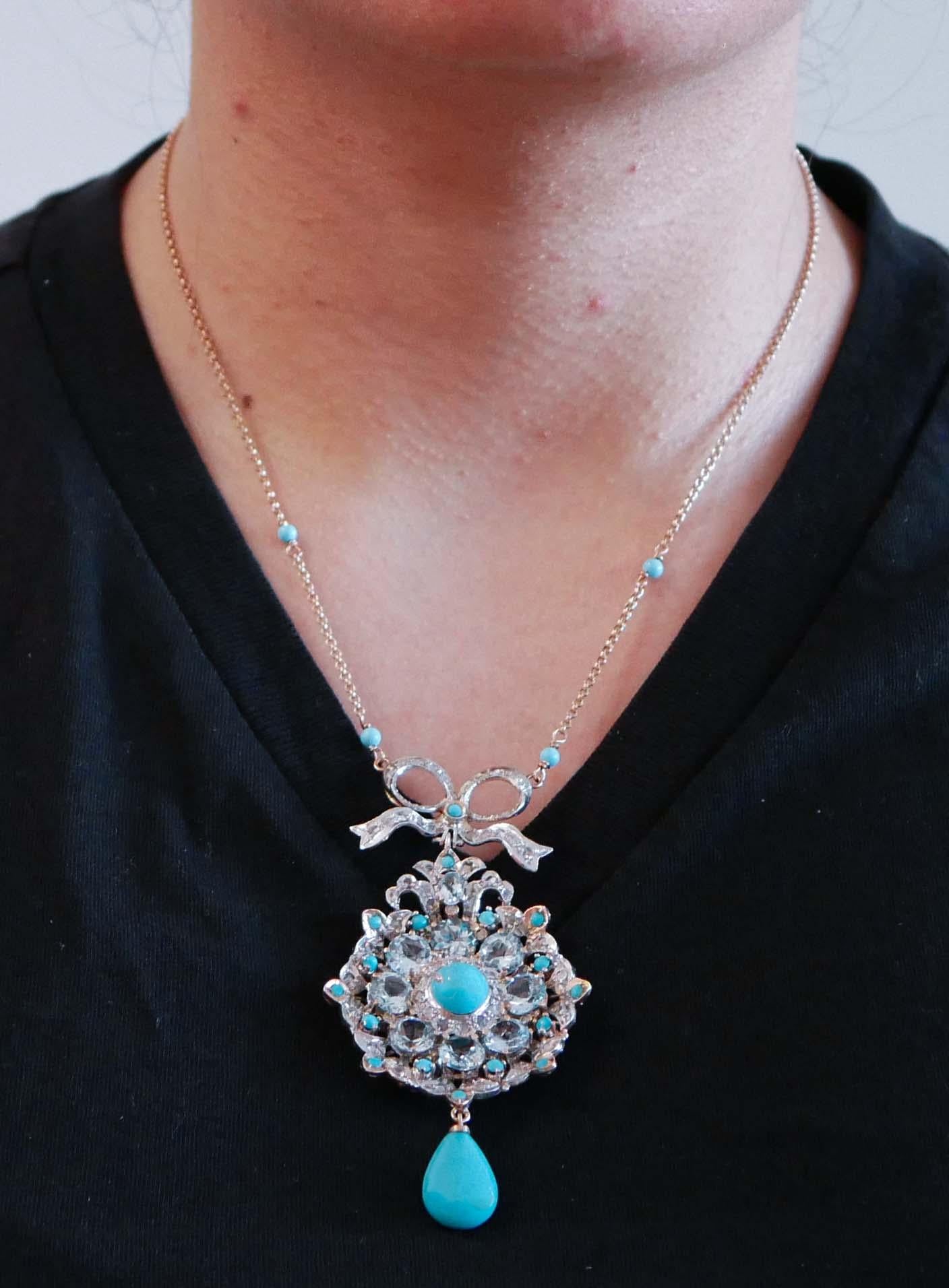 Women's Aquamarine Colour Topazs, Turquoise, Diamonds, Gold and Silver Pendant Necklace.