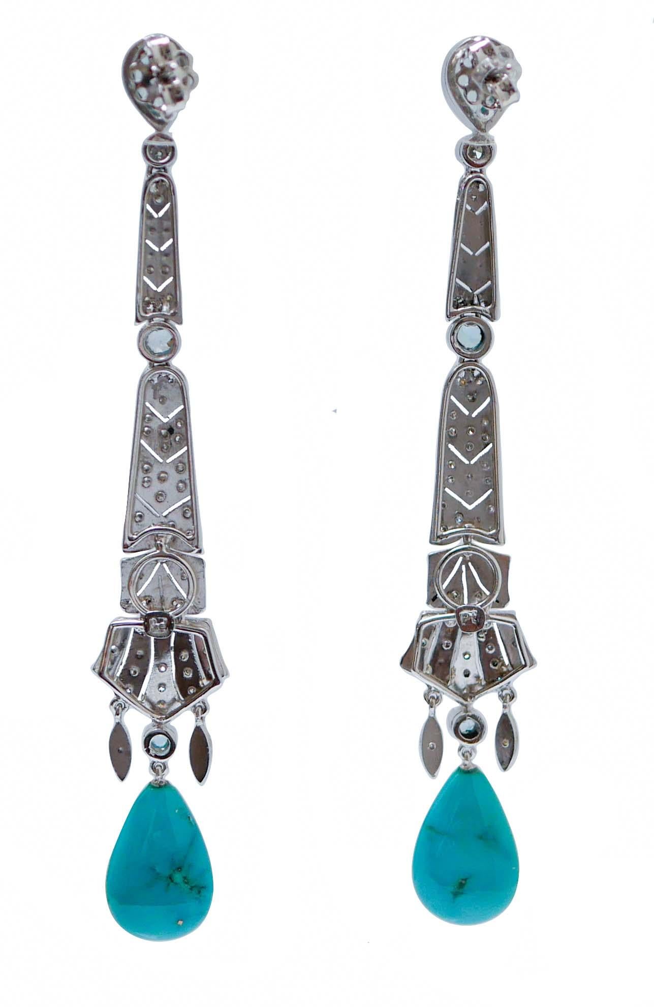 Retro Aquamarine Colour Topazs, Turquoise, Diamonds, Platinum Dangle Earrings. For Sale