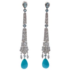 Platin-Ohrringe mit Aquamarinen in Farbe Topas, Türkis, Diamanten und Platin.