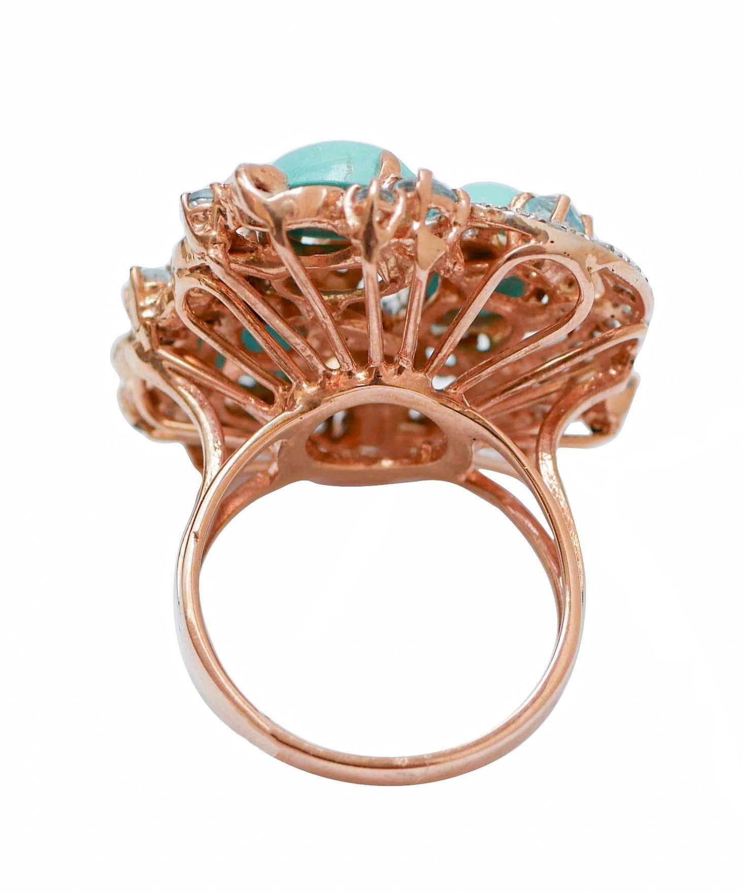 Retro Aquamarine Colour Topazs, Turquoises, Diamonds, 14 Kt Rose Gold and Silver Ring. For Sale