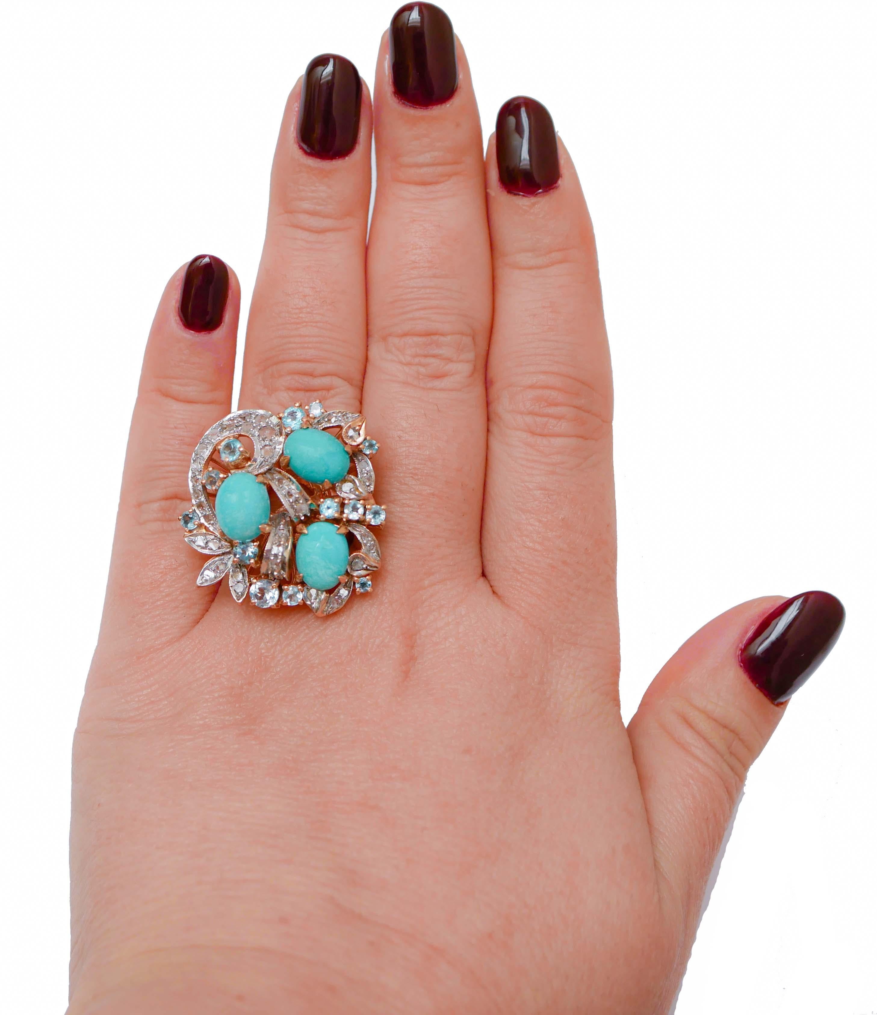 Mixed Cut Aquamarine Colour Topazs, Turquoises, Diamonds, 14 Kt Rose Gold and Silver Ring. For Sale