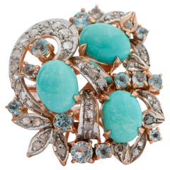 Aquamarine Colour Topazs, Turquoises, Diamonds, 14 Kt Rose Gold and Silver Ring.