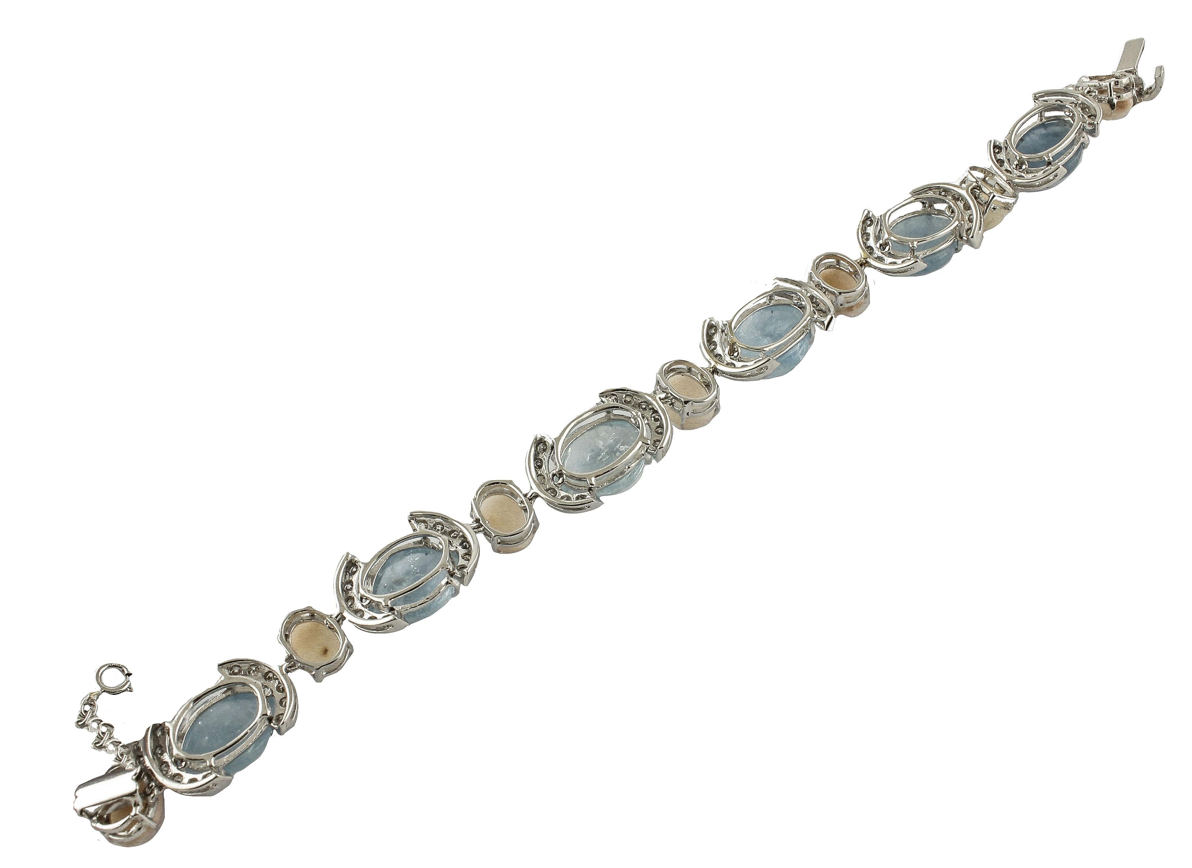 Aquamarine Coral Diamond Link Gold Bracelet In Good Condition In Marcianise, Marcianise (CE)