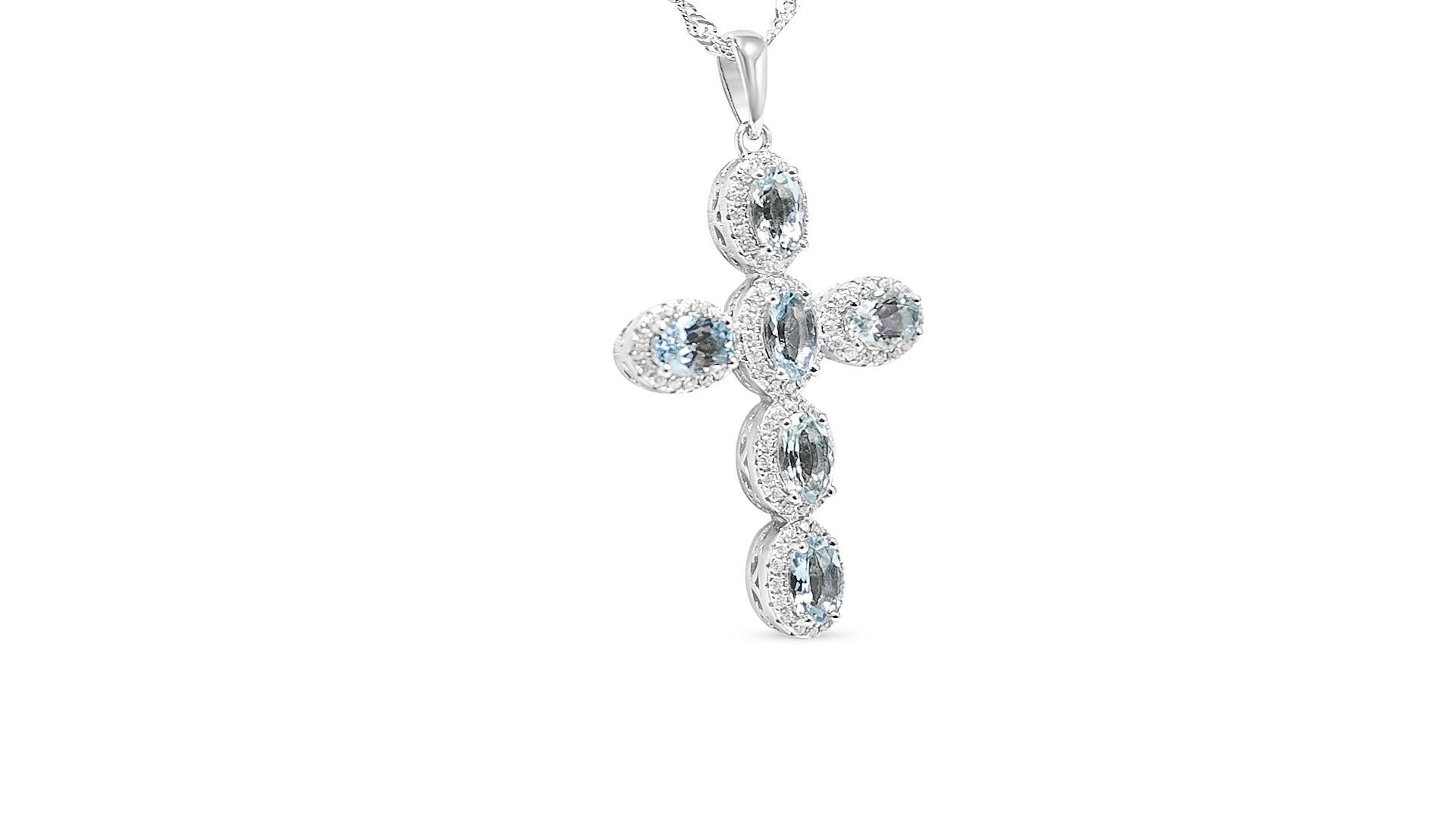 Colgante Cruz de Aguamarina con Circón Blanco en Plata de Ley 2,71ct Art Decó en venta
