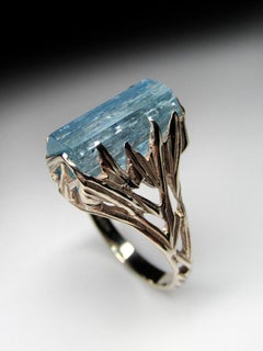 Aquamarine Crystal Gold Engagement Ring Blue Beryl Raw Natural