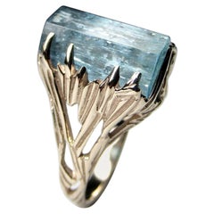 Aquamarine Crystal Gold Engagement Ring Blue Beryl Raw Natural