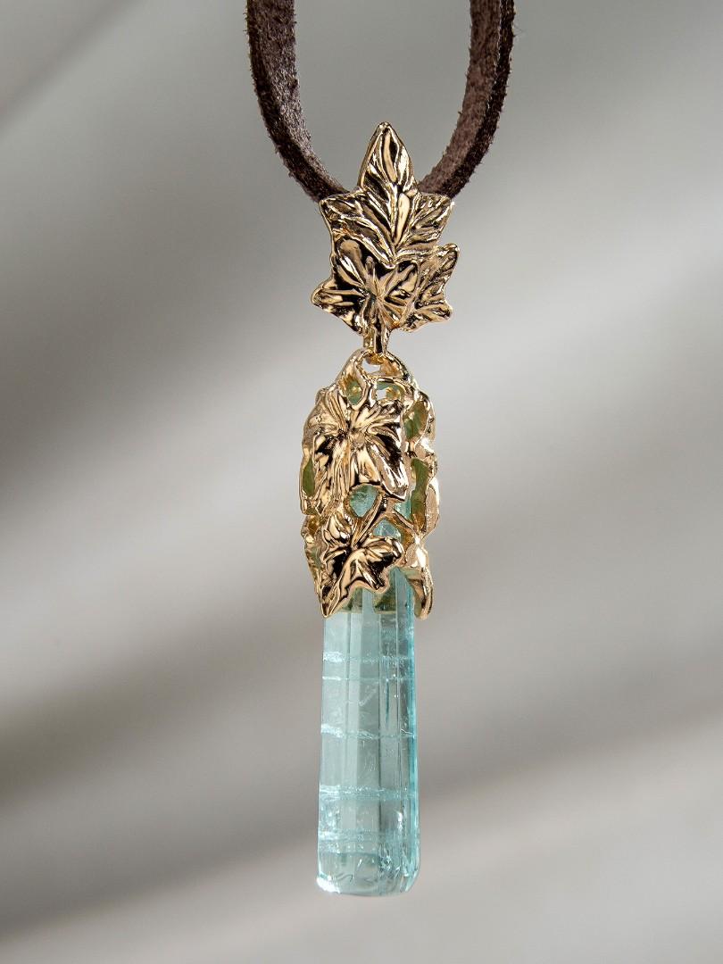 Aquamarin-Kristall-Halskette, Gold, natürlicher blauer Beryll, Roh-Edelstein 2