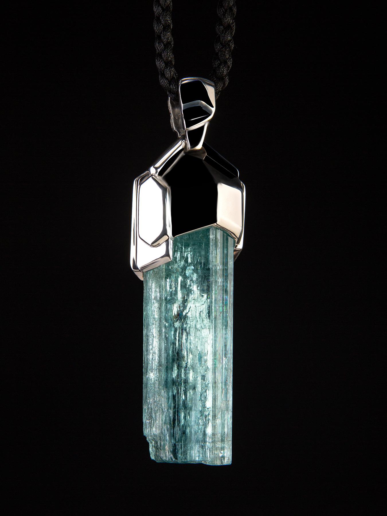 Artisan Aquamarine Crystal necklace silver Blue Beryl Raw Stone wedding anniversary gift For Sale