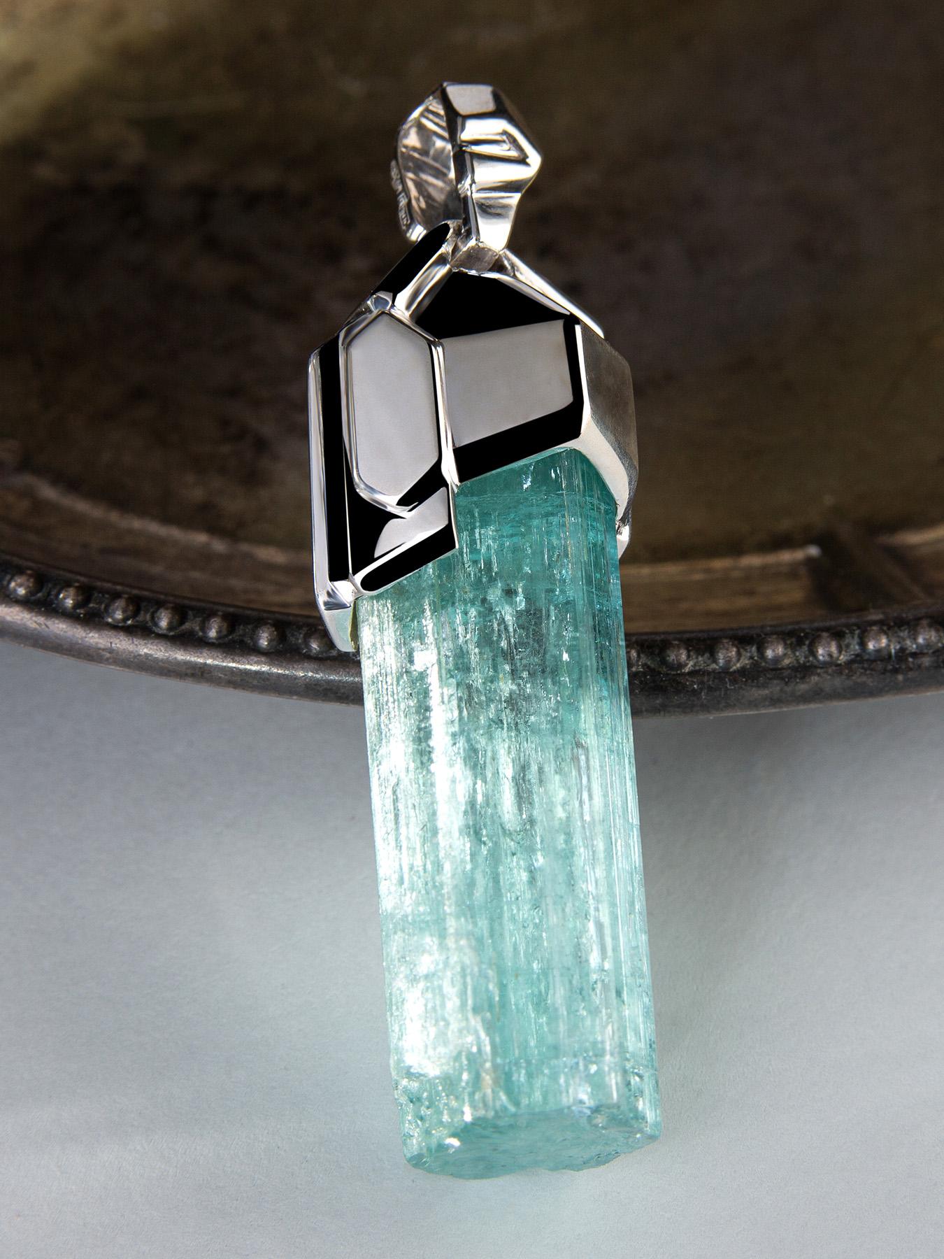 Aquamarine Crystal necklace silver Blue Beryl Raw Stone wedding anniversary gift Unisexe en vente