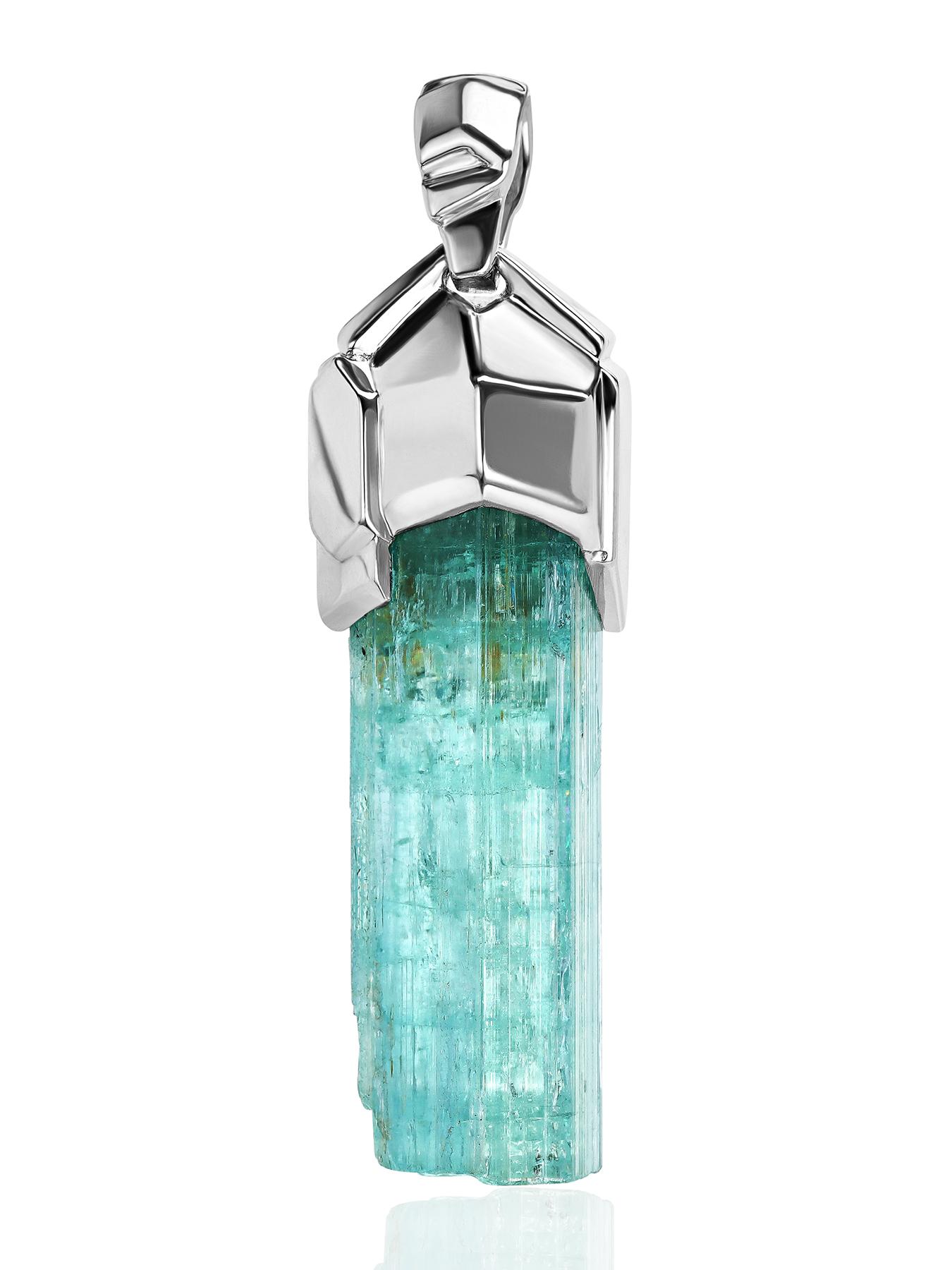 Aquamarine Crystal Silver Pendant Cyan Blue Beryl Raw Stone In New Condition In Berlin, DE