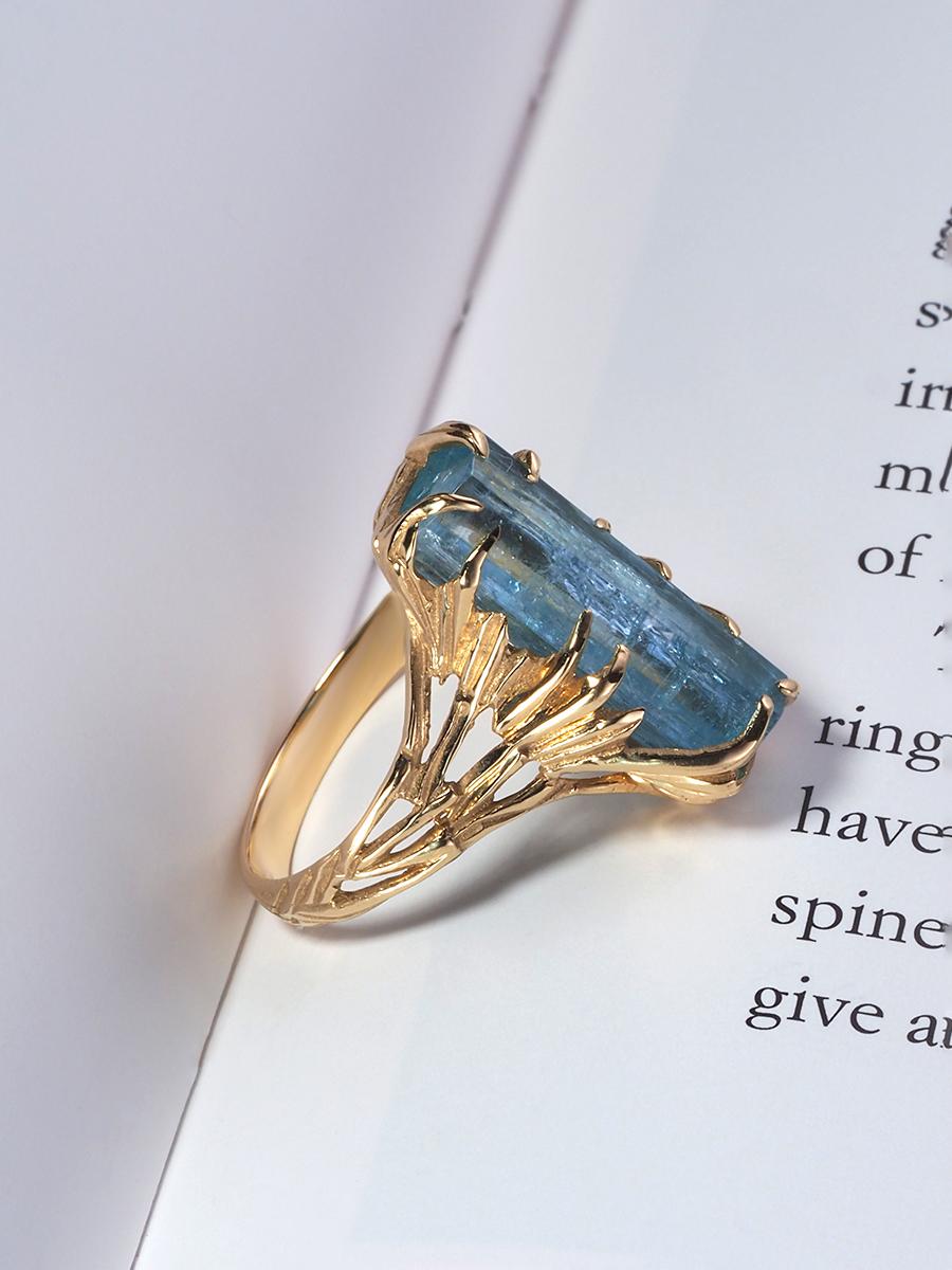 Aquamarin Kristall Gold Ring Blau Beryll Unisex Moderne Verlobungsring Unisex im Angebot 4