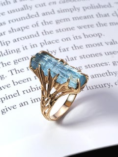 14K Yellow Gold Ring with Natural Aquamarine Crystal Faceted by Hand
