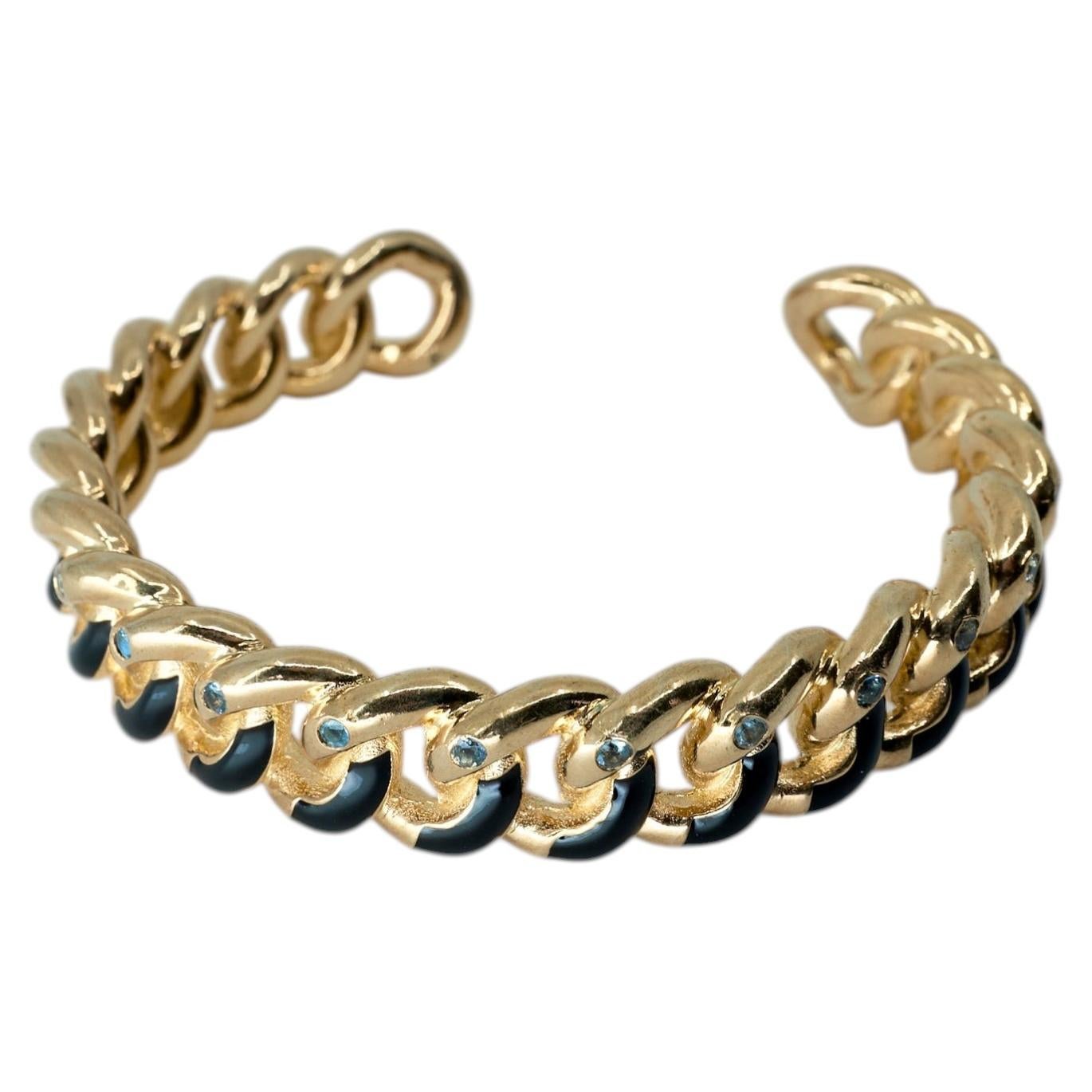 Pulsera tipo brazalete de aguamarina con eslabones de cadena dorados y esmalte negro «J Dauphin»