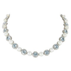 Aquamarine, Cultured Pearls and Diamond Necklace in Gold