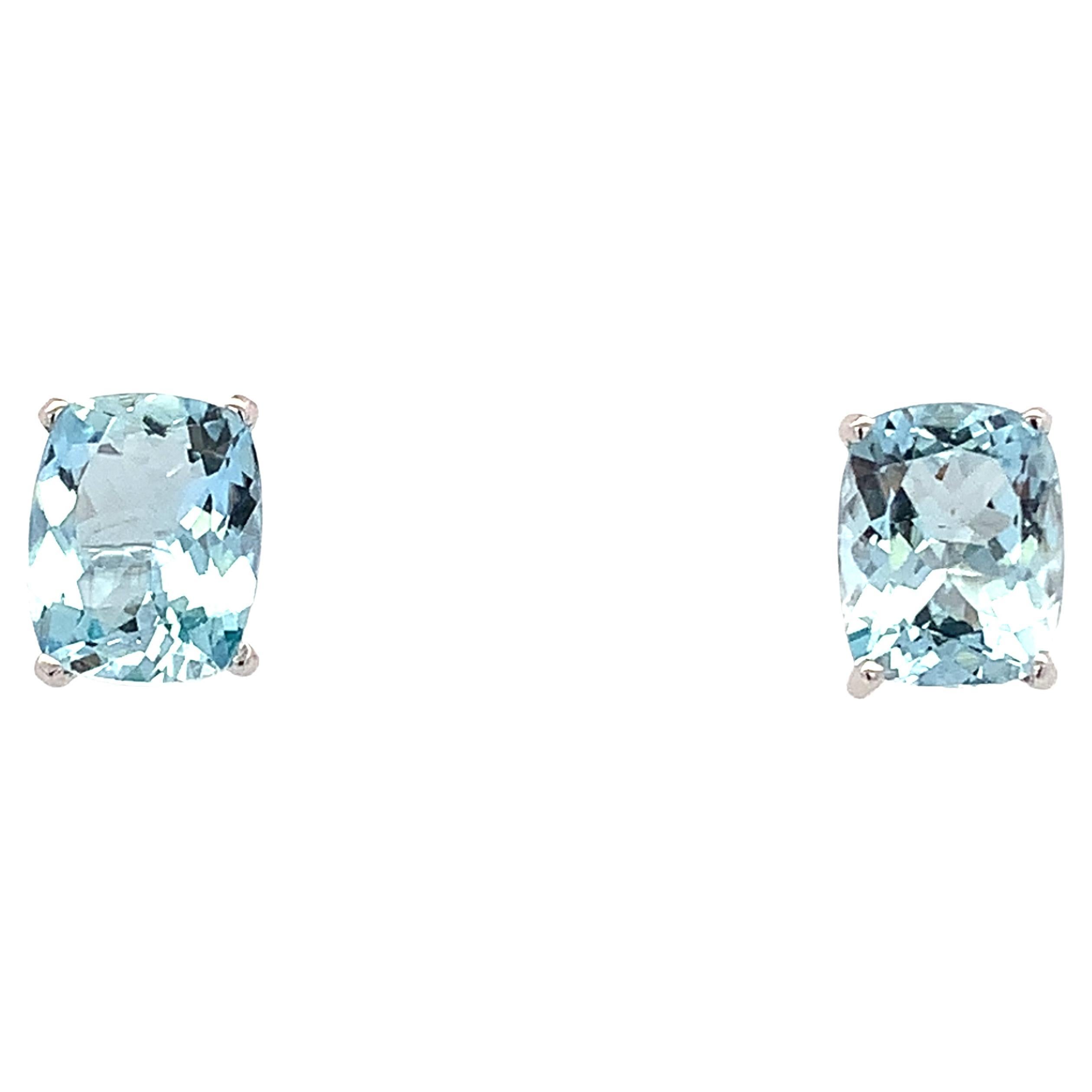 Aquamarine cushion cut art deco stud earrings 18k white gold