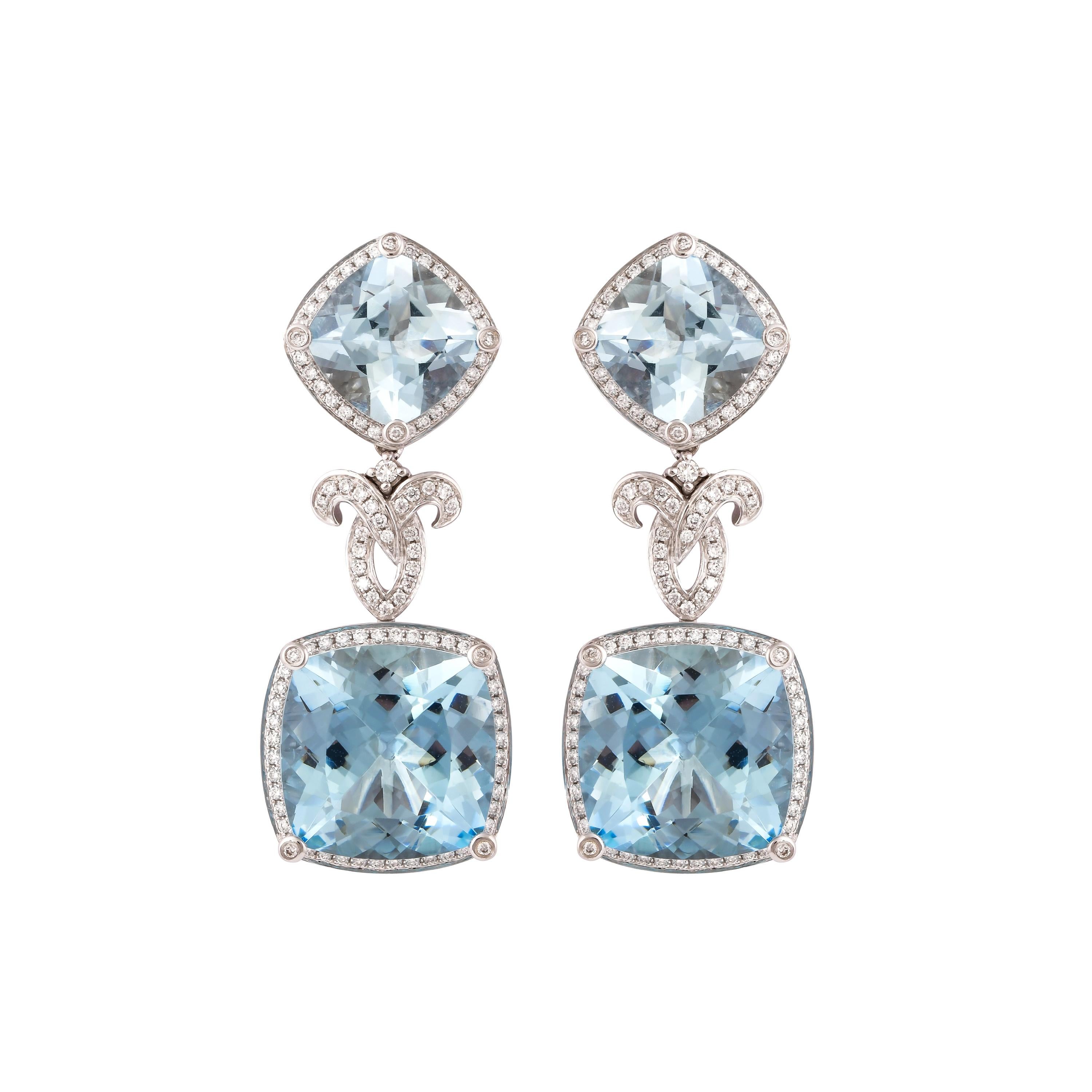 An exclusive collection of designer and unique dangle earrings by Sunita Nahata Fine Design. 

Aquamarine Dangle Earring in 14 Karat White Gold.

Aquamarine: 20.08 carat, 14X14 Size, Cushion Shape.
Aquamarine: 7.21 carat, 10X10 Size, Cushion