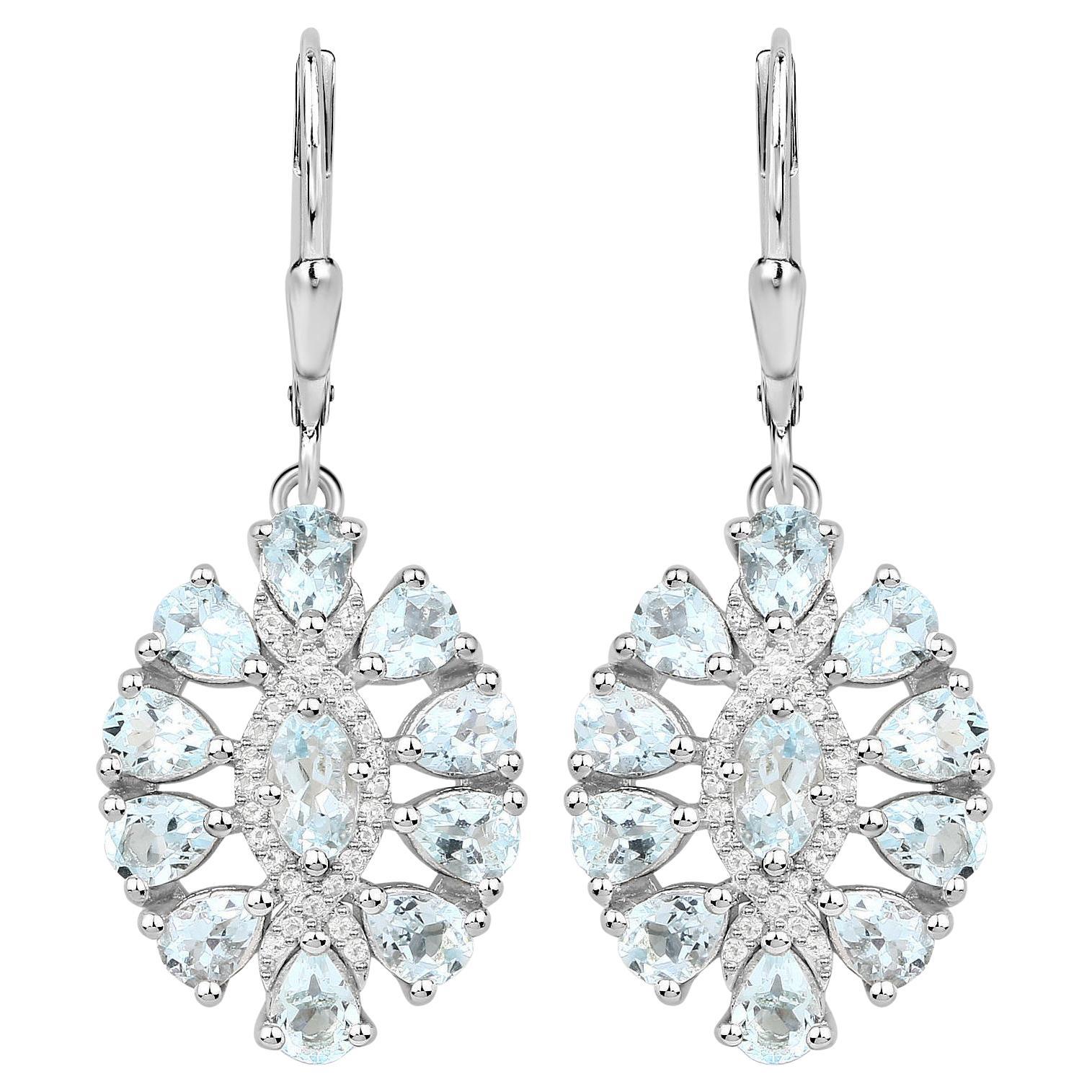 Aquamarine Dangle Earrings White Topaz 2.9 Carats Sterling Silver