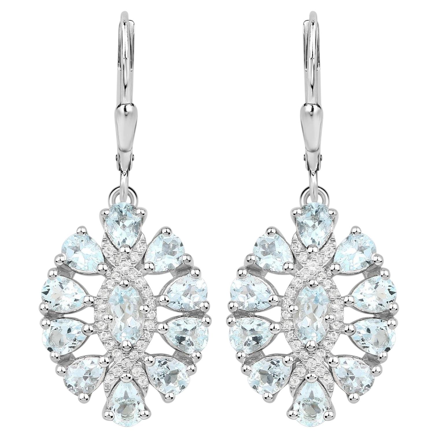 Aquamarine Dangle Earrings White Topaz 2.9 Carats Sterling Silver