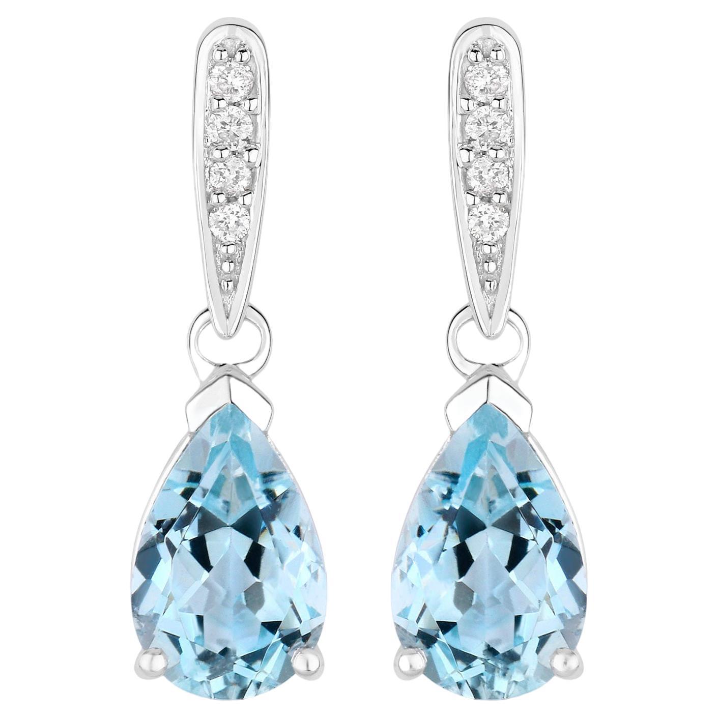 Aquamarine Dangle Earrings With Diamonds 1.97 Carats 10K White Gold