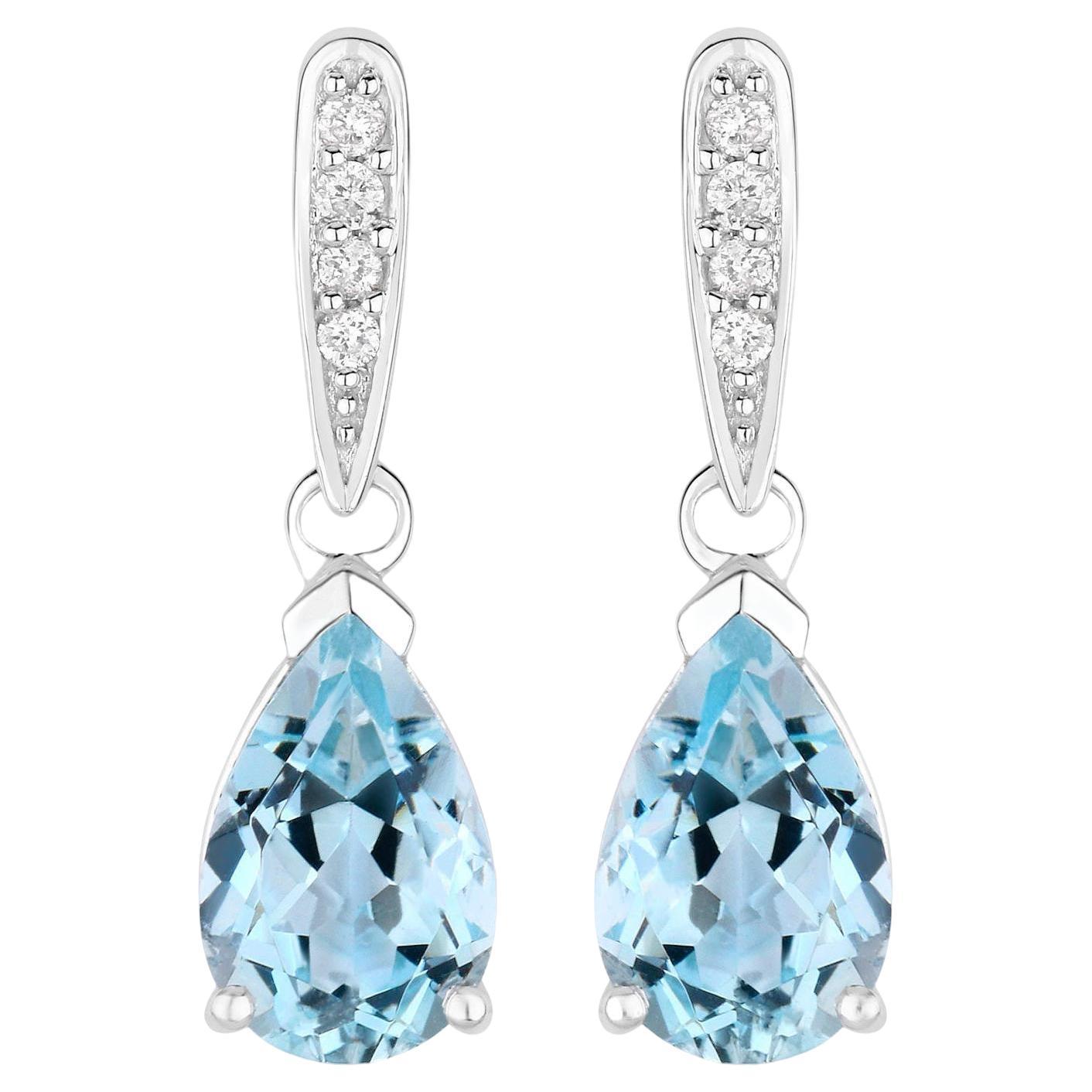 Aquamarine Dangle Earrings With Diamonds 1.97 Carats 10K White Gold