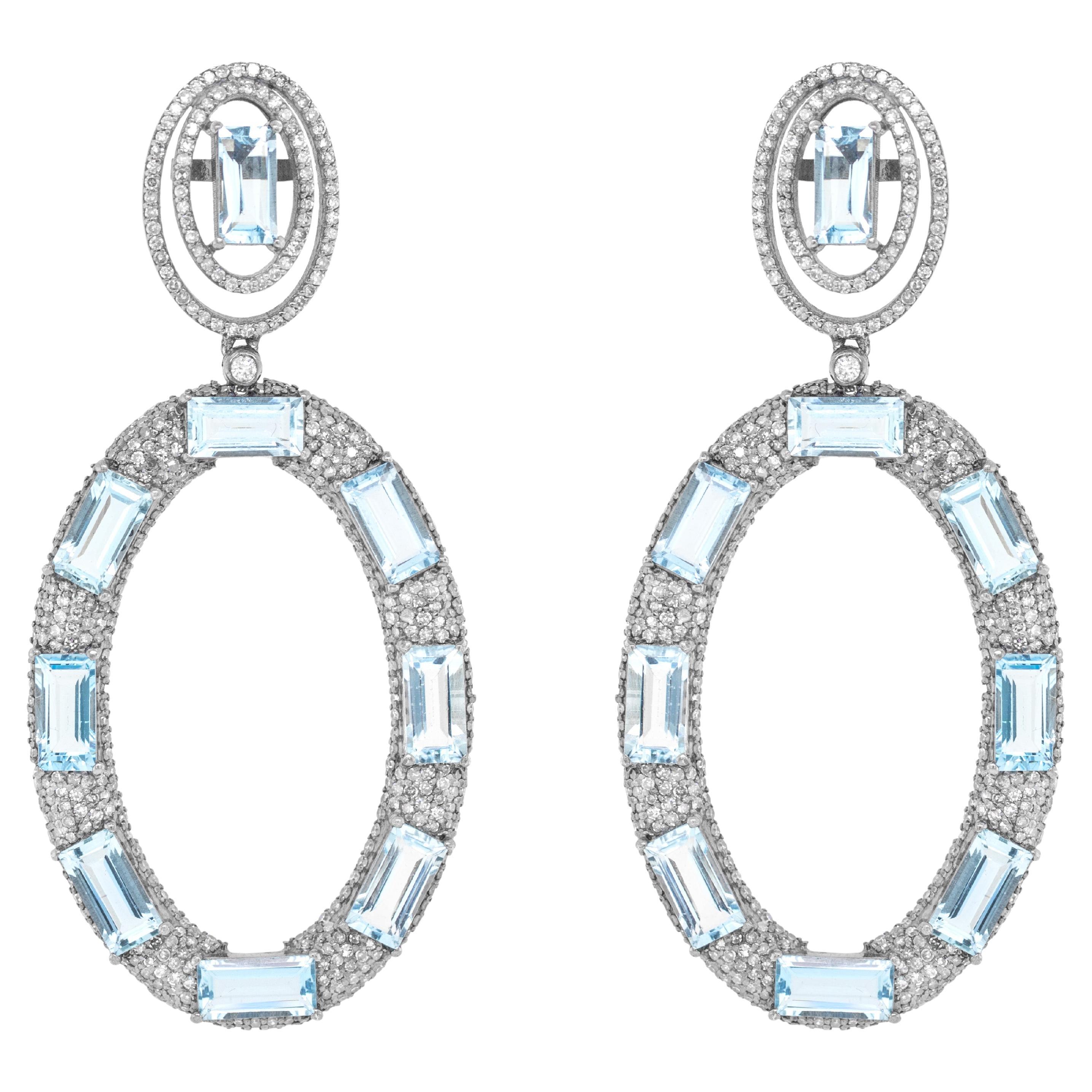 Aquamarine Dangle Earrings With Diamonds 23.80 Carats Silver