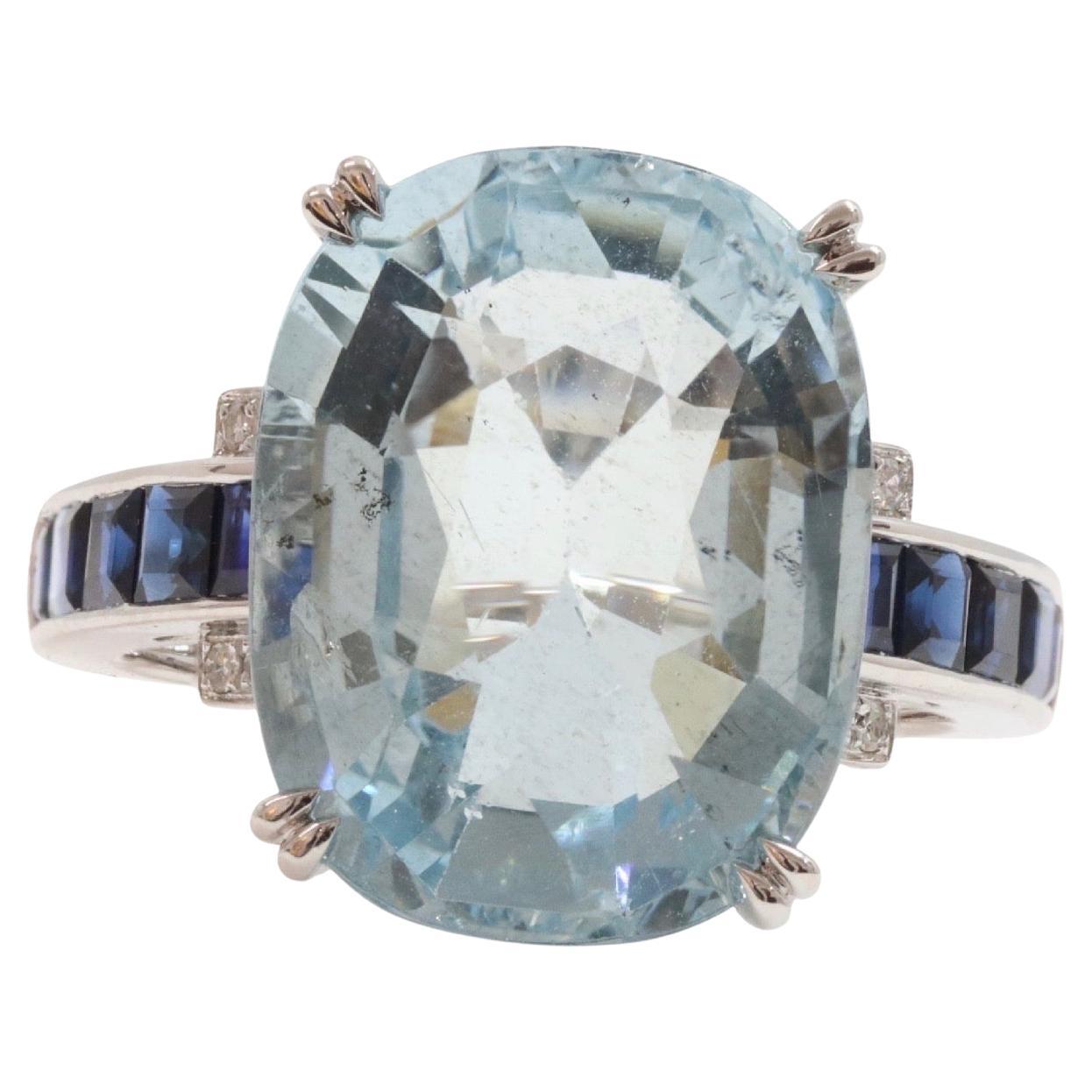 Aquamarine , Deep Blue Sapphires & Diamonds in Platinum Ring