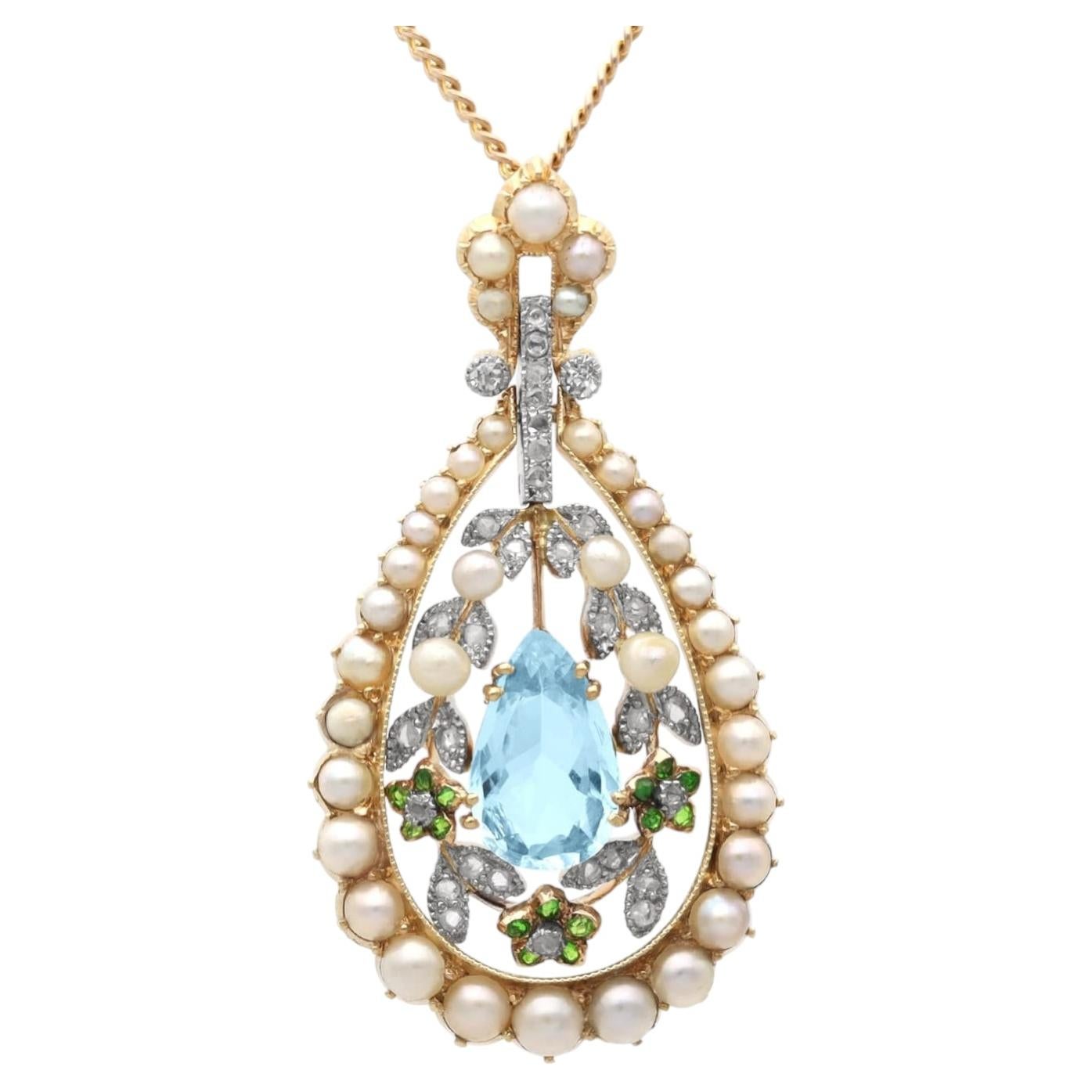 Aquamarine Demantoid Garnet Pearl and Diamond 14k Yellow Gold Pendant Circa 1910