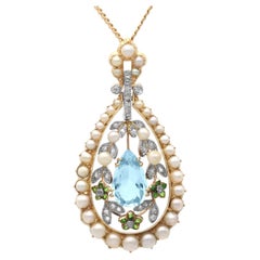 Aquamarine Demantoid Garnet Pearl and Diamond 14k Yellow Gold Pendant Circa 1910