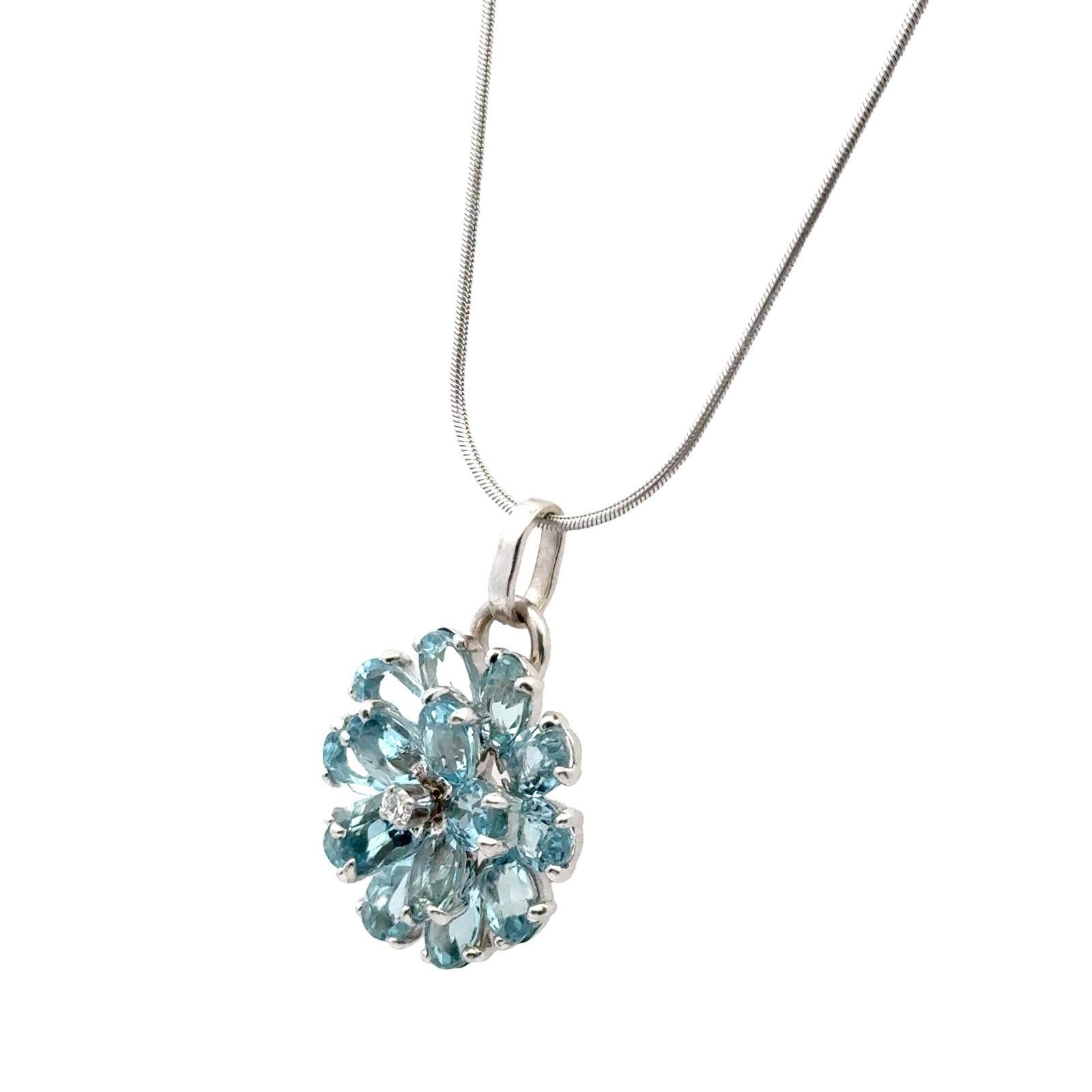Oval Cut Aquamarine Diamond  14 Karat White Gold Flower Pendant Necklace