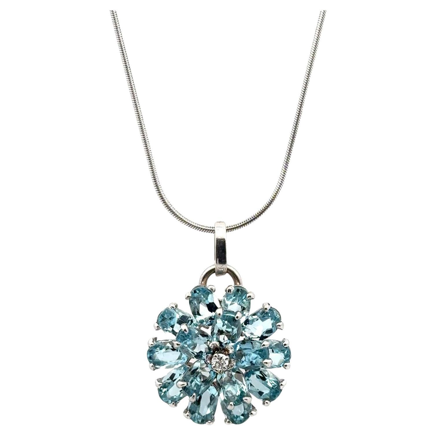 Aquamarine Diamond  14 Karat White Gold Flower Pendant Necklace