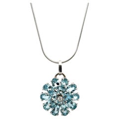 Aquamarine Diamond  14 Karat White Gold Flower Pendant Necklace