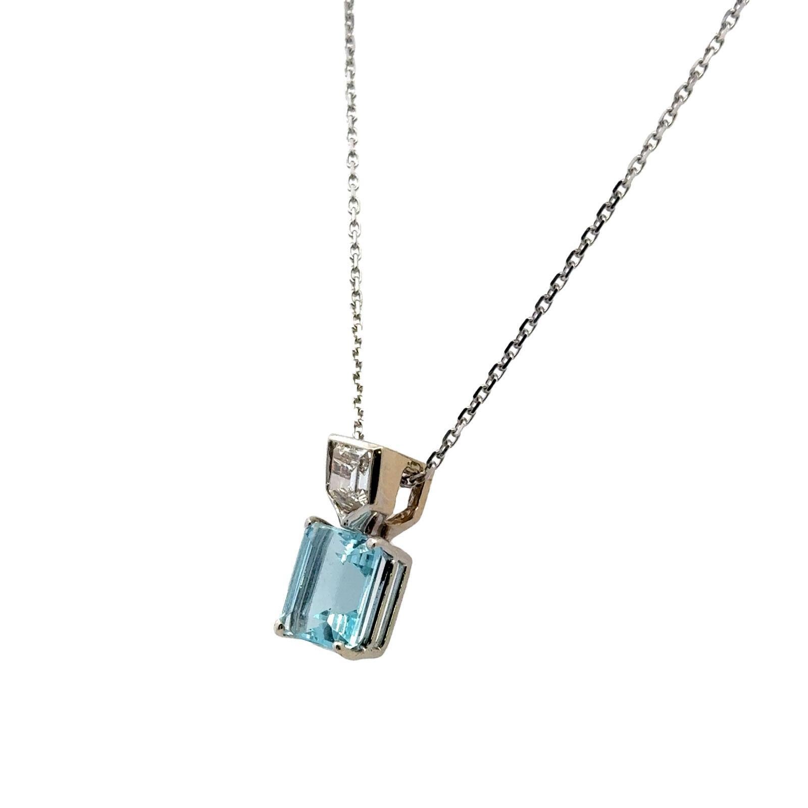 Emerald Cut Aquamarine Diamond 14 Karat White Gold Pendant Necklace