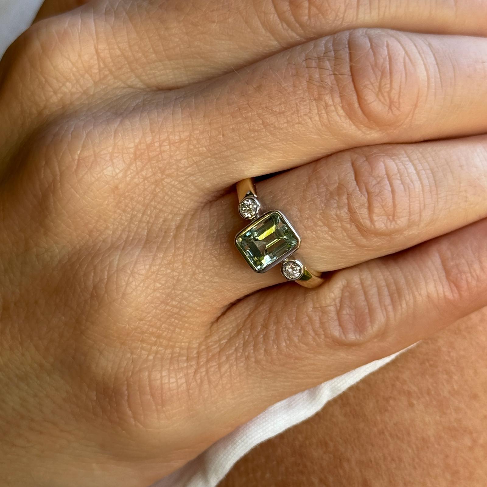 Modern Aquamarine Diamond 14 Karat Yellow & White Gold Three Stone Bezel Set Ring