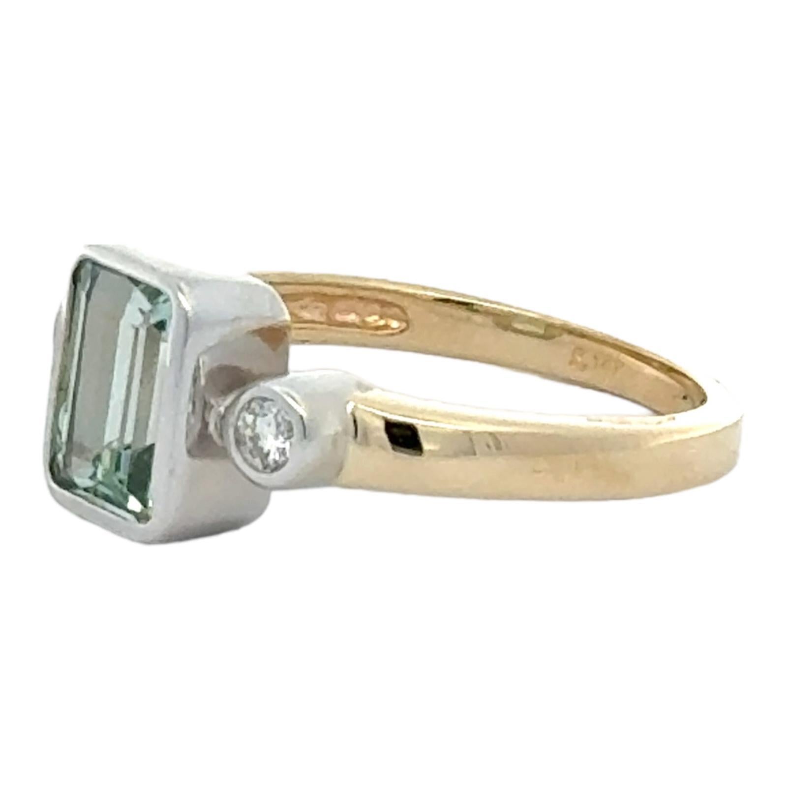 Emerald Cut Aquamarine Diamond 14 Karat Yellow & White Gold Three Stone Bezel Set Ring