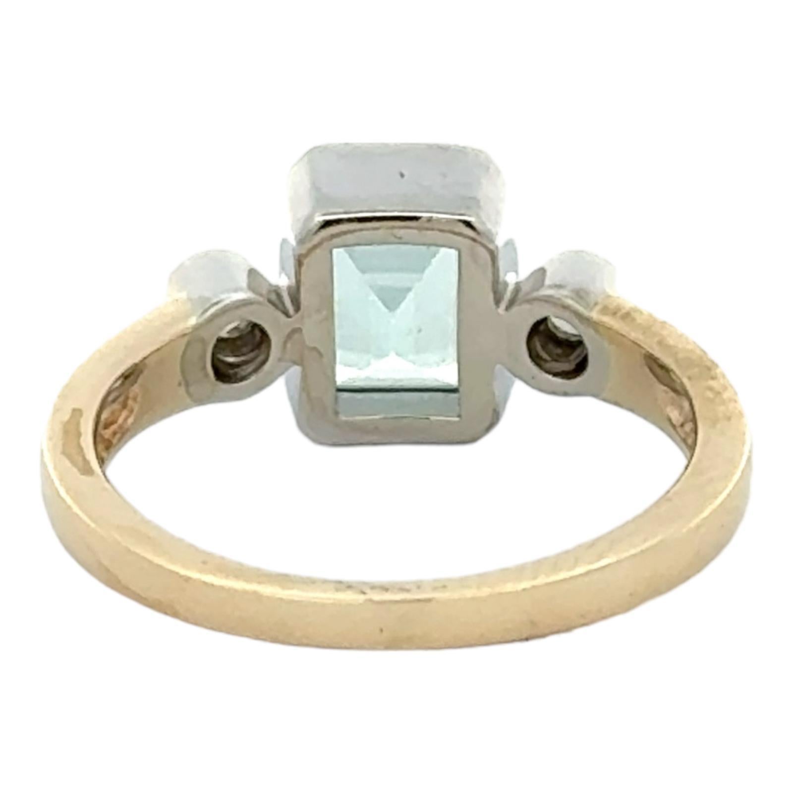 Aquamarine Diamond 14 Karat Yellow & White Gold Three Stone Bezel Set Ring In Excellent Condition In Boca Raton, FL