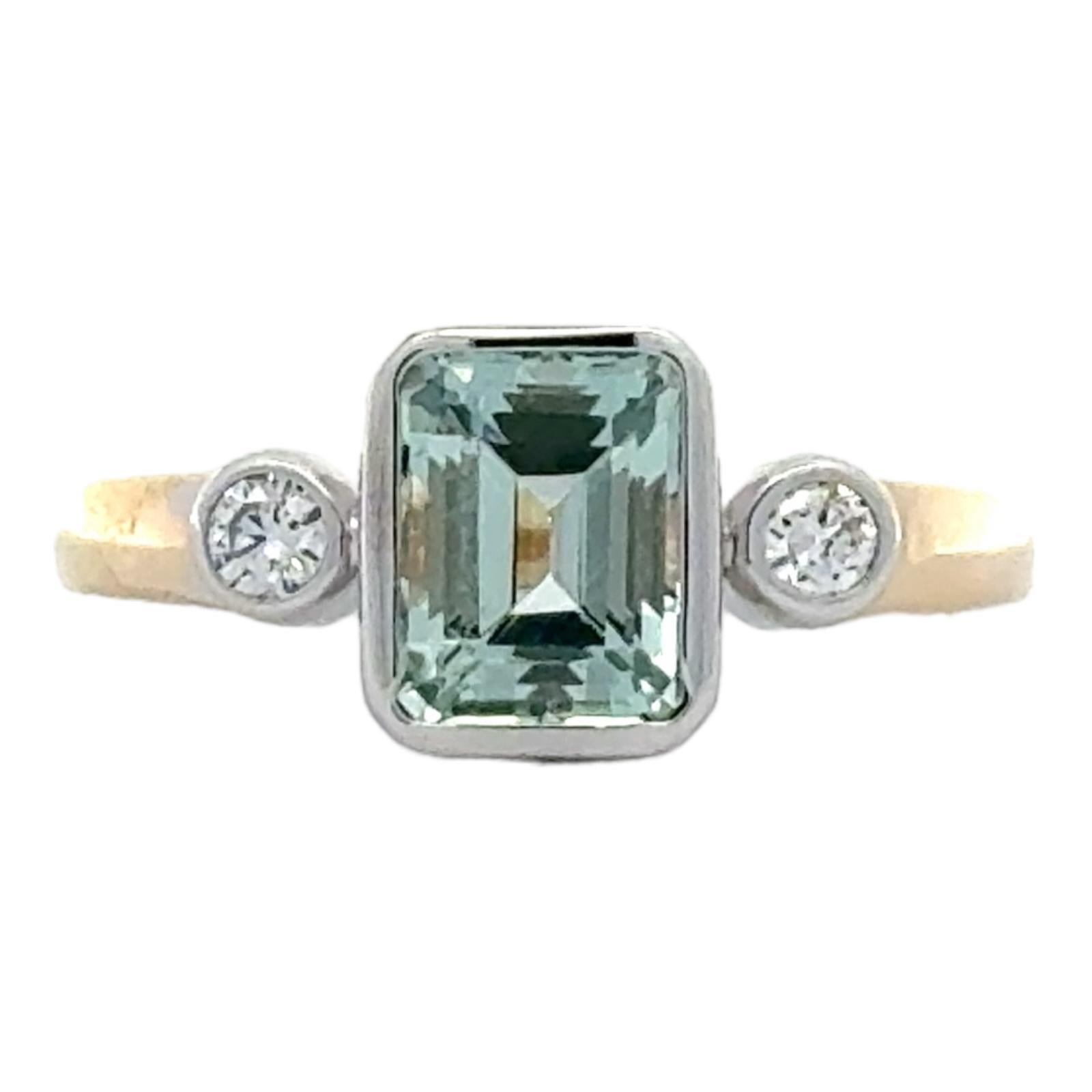 Women's Aquamarine Diamond 14 Karat Yellow & White Gold Three Stone Bezel Set Ring