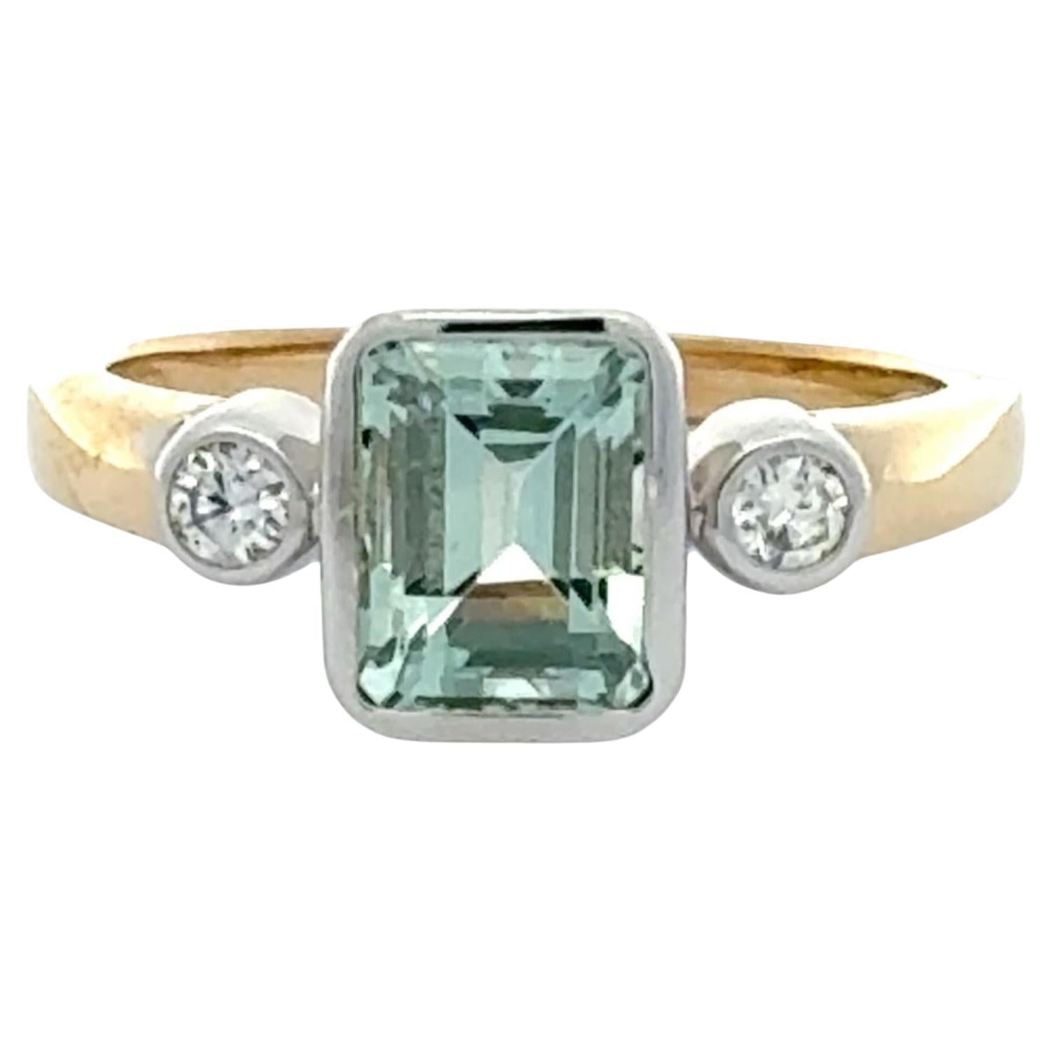 Aquamarine Diamond 14 Karat Yellow & White Gold Three Stone Bezel Set Ring