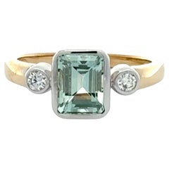 Aquamarine Diamond 14 Karat Yellow & White Gold Three Stone Bezel Set Ring