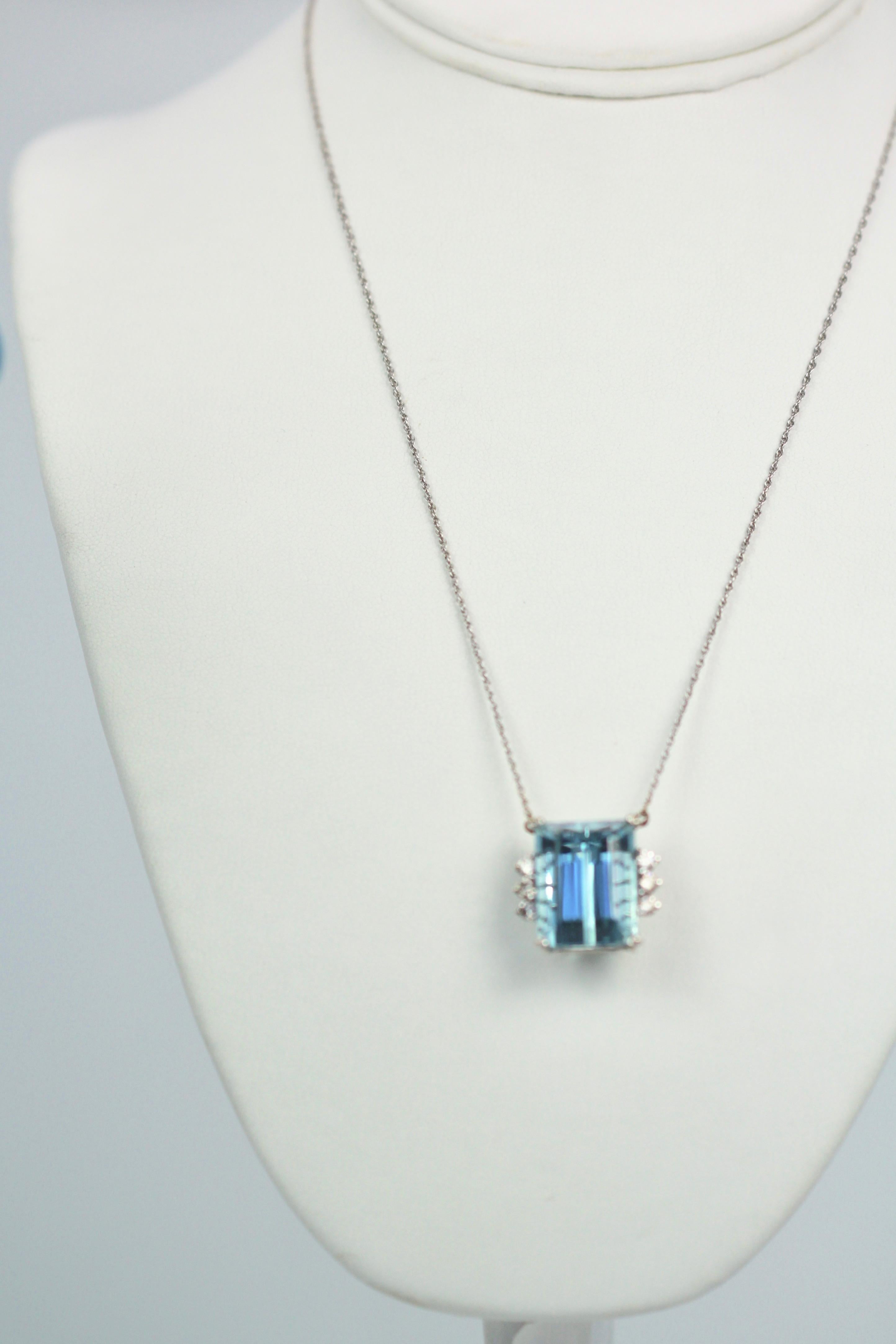 Emerald Cut Aquamarine Diamond 14 Karat White Gold Necklace