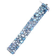 Aquamarine Diamond 14k White Gold Wide Cluster Bracelet