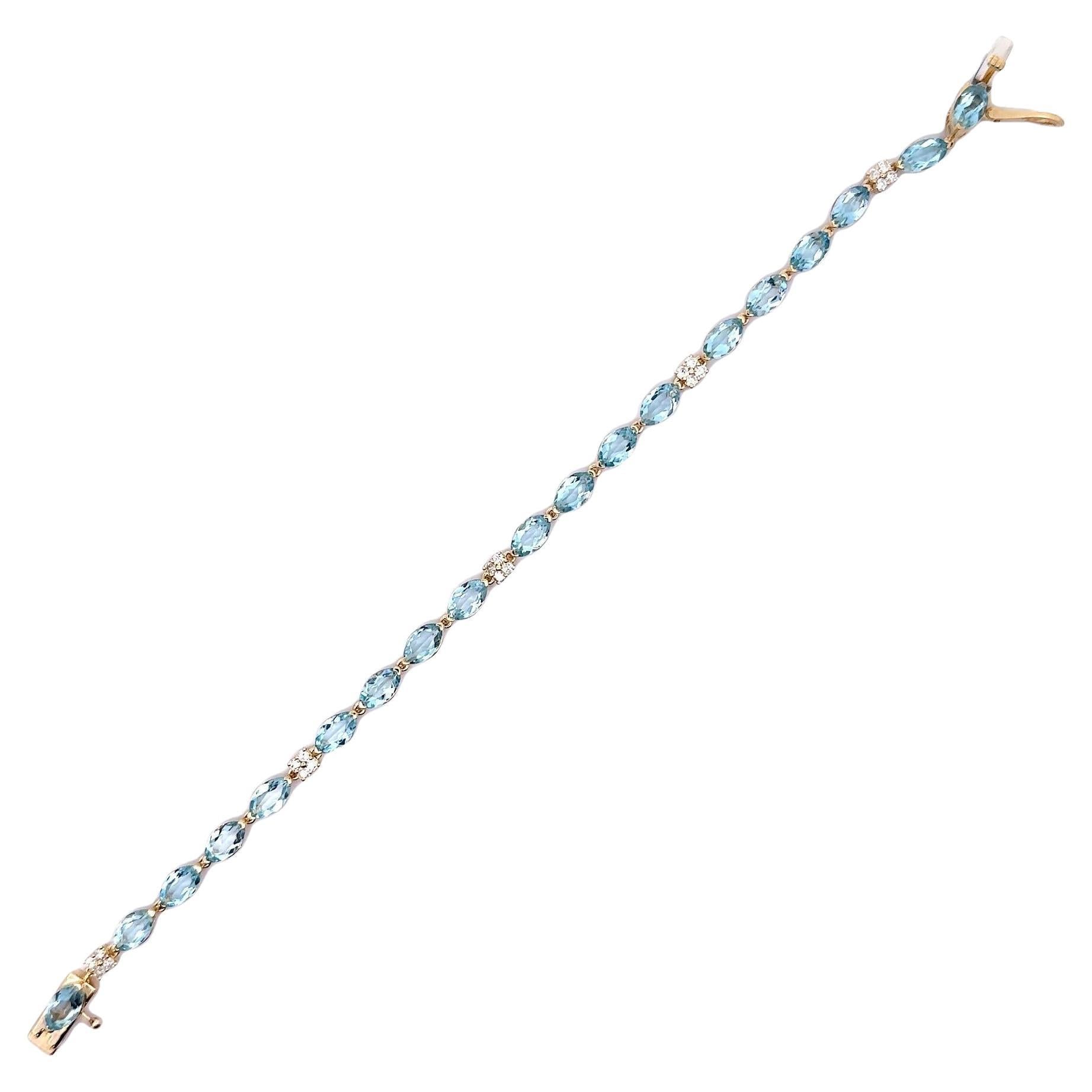 Bracciale tennis in oro giallo 14k con diamante e acquamarina