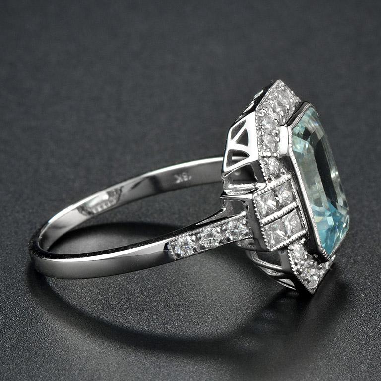 Baguette Cut Aquamarine Diamond 18 Karat White Gold Cocktail Ring