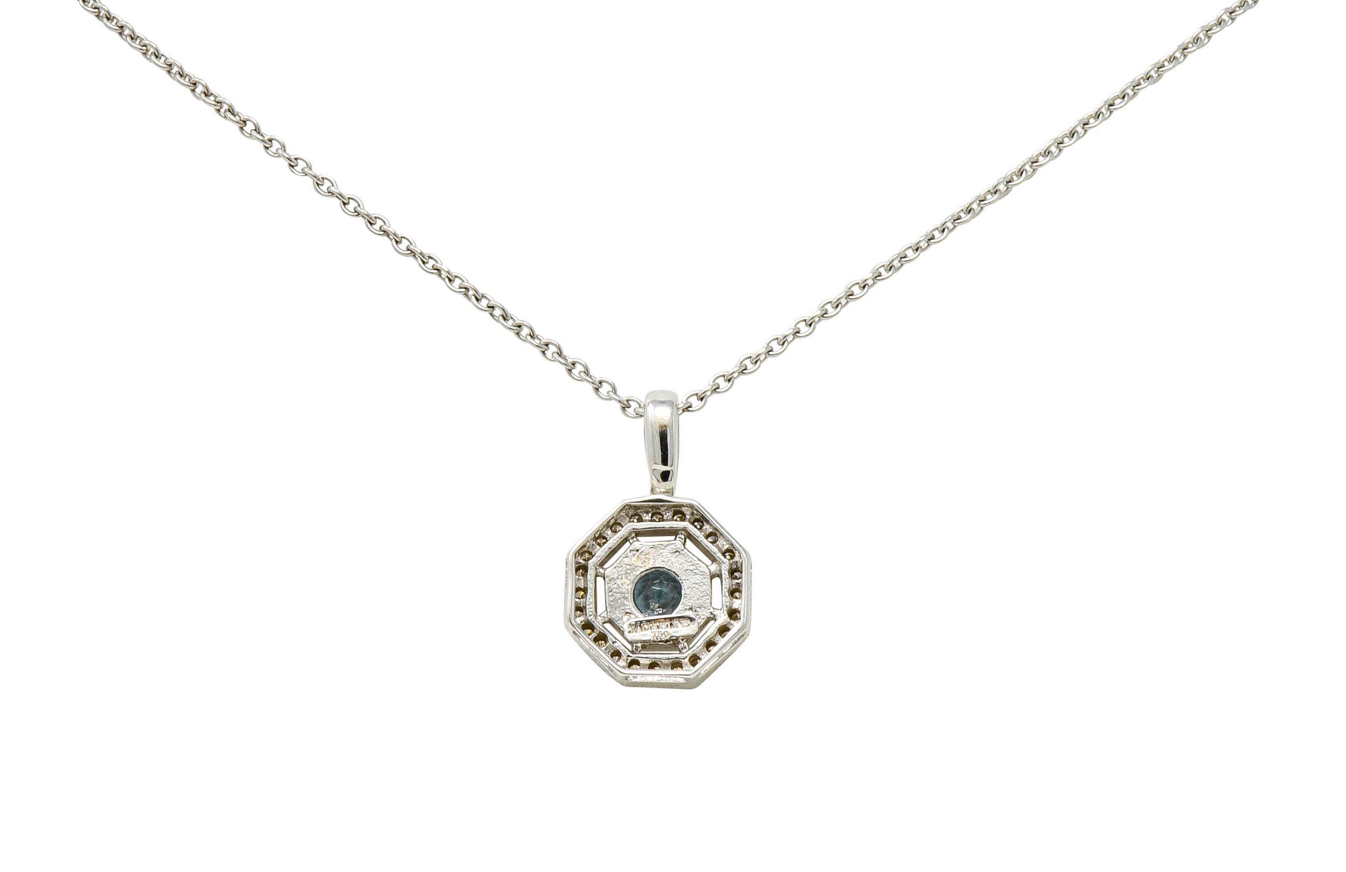 Round Cut Aquamarine Diamond 18 Karat White Gold Octagonal Pendant Necklace