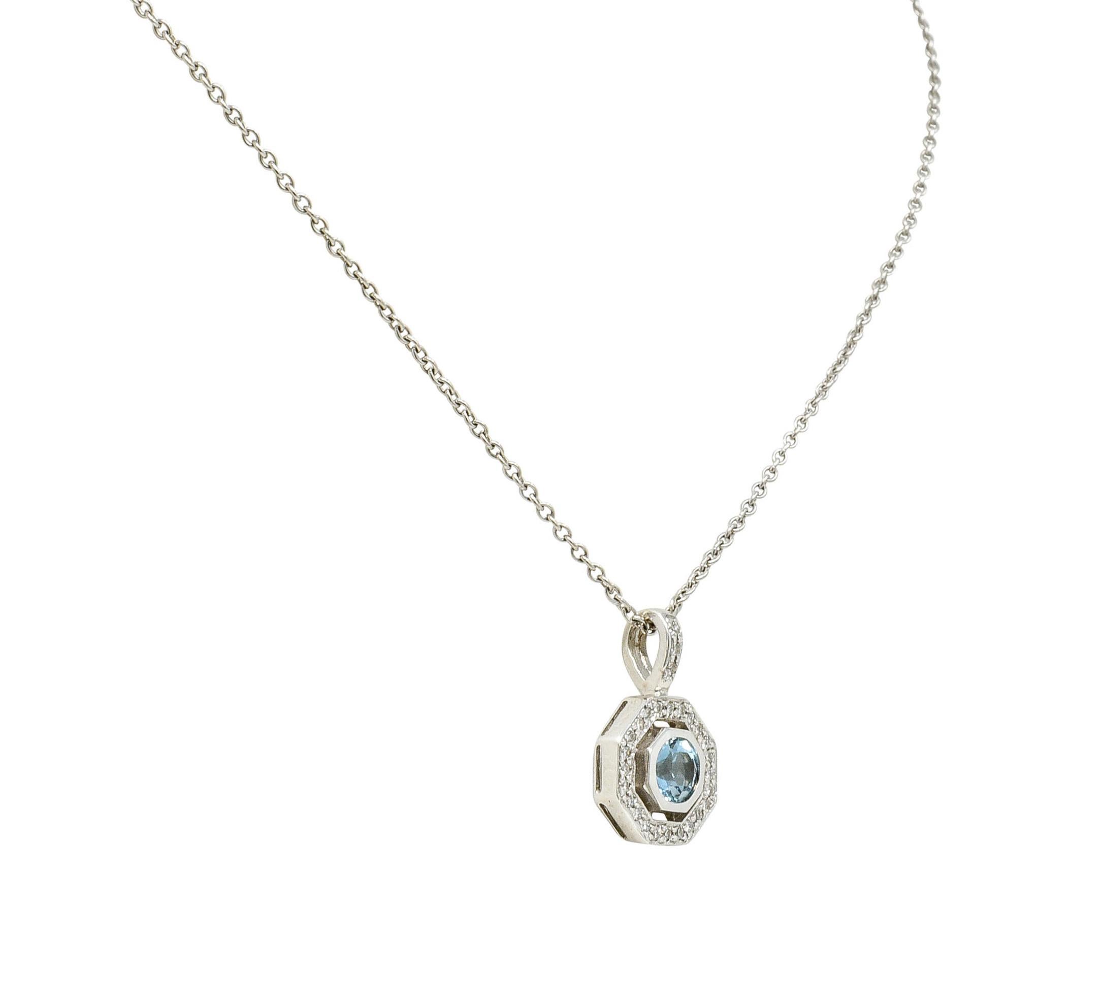 Aquamarine Diamond 18 Karat White Gold Octagonal Pendant Necklace In Excellent Condition In Philadelphia, PA