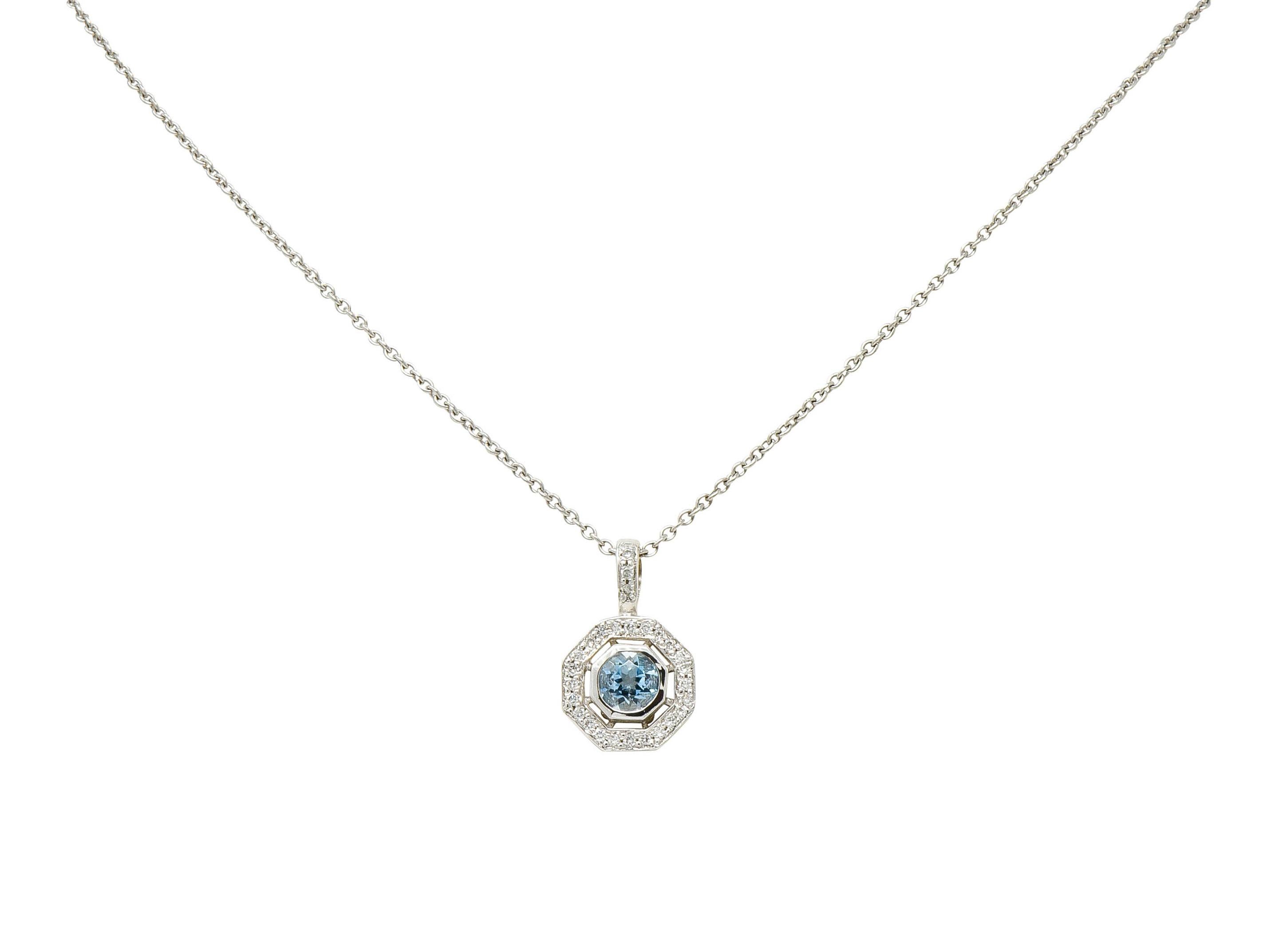 Aquamarine Diamond 18 Karat White Gold Octagonal Pendant Necklace 3