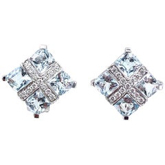 Aquamarine Diamond 18 Karat White Gold Square Stud Earrings