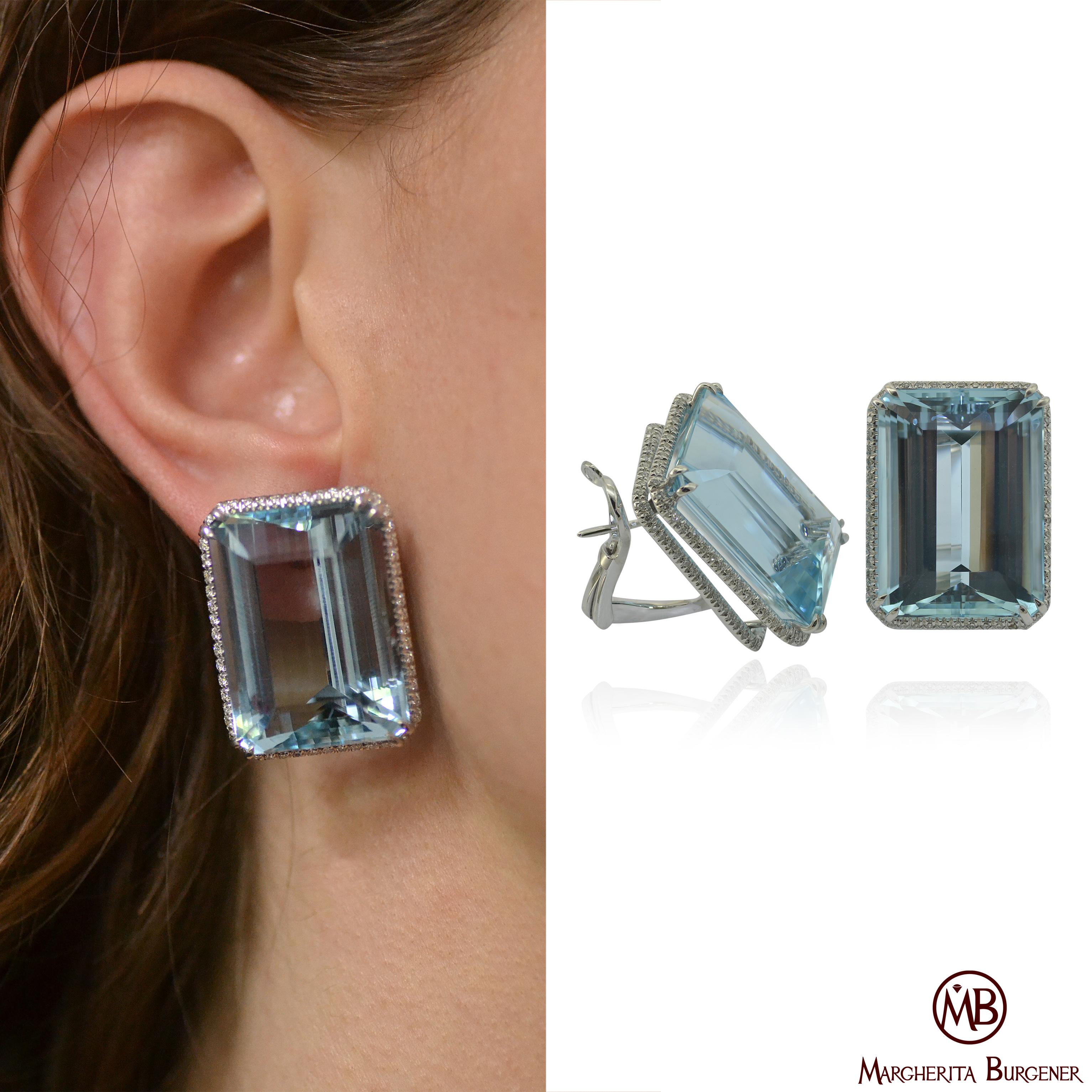 Aquamarine Diamond 18 Karat White Gold Clip Made in Italy Earrings 