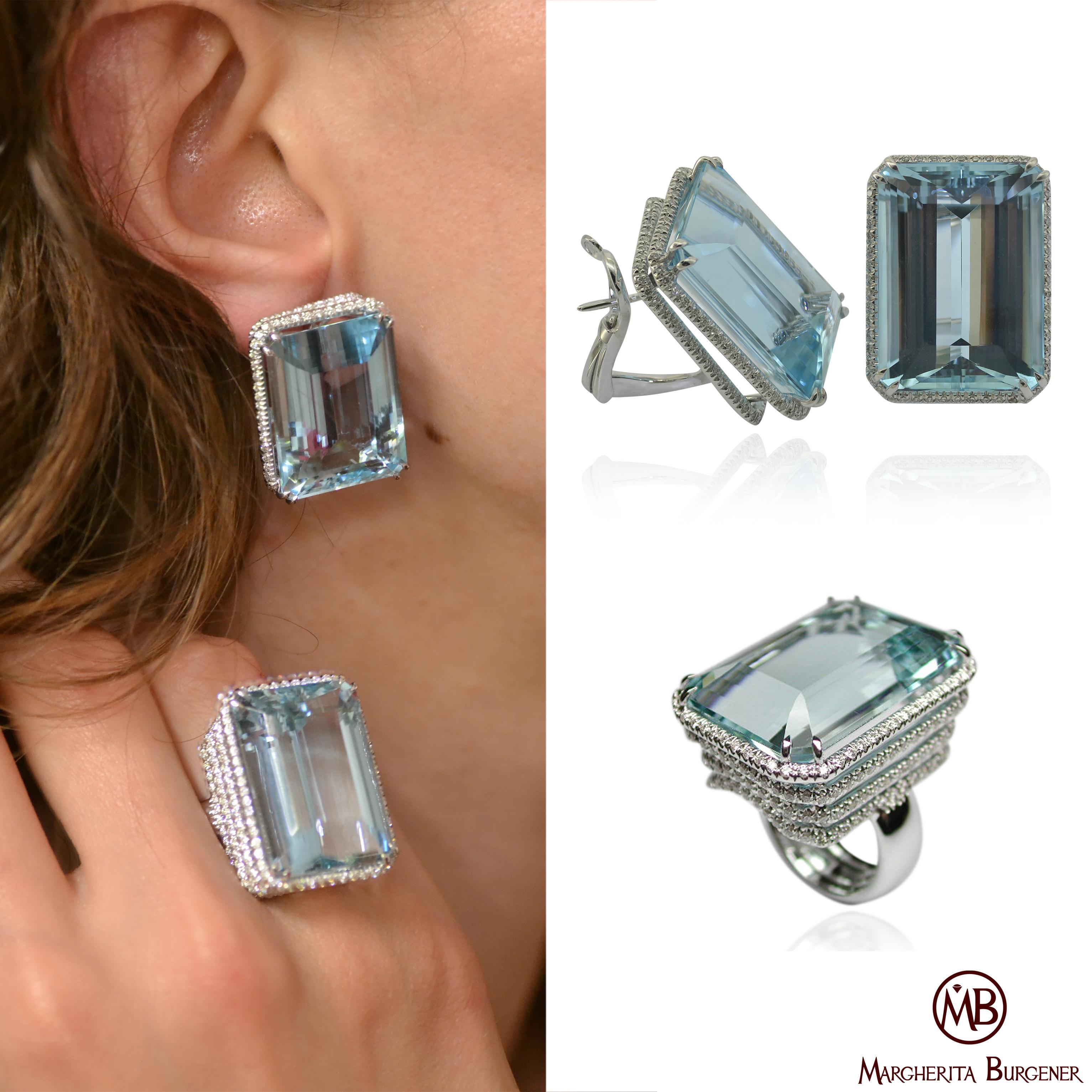 Women's Aquamarine Diamond 18 Karat White Gold Clip Made in Italy Earrings