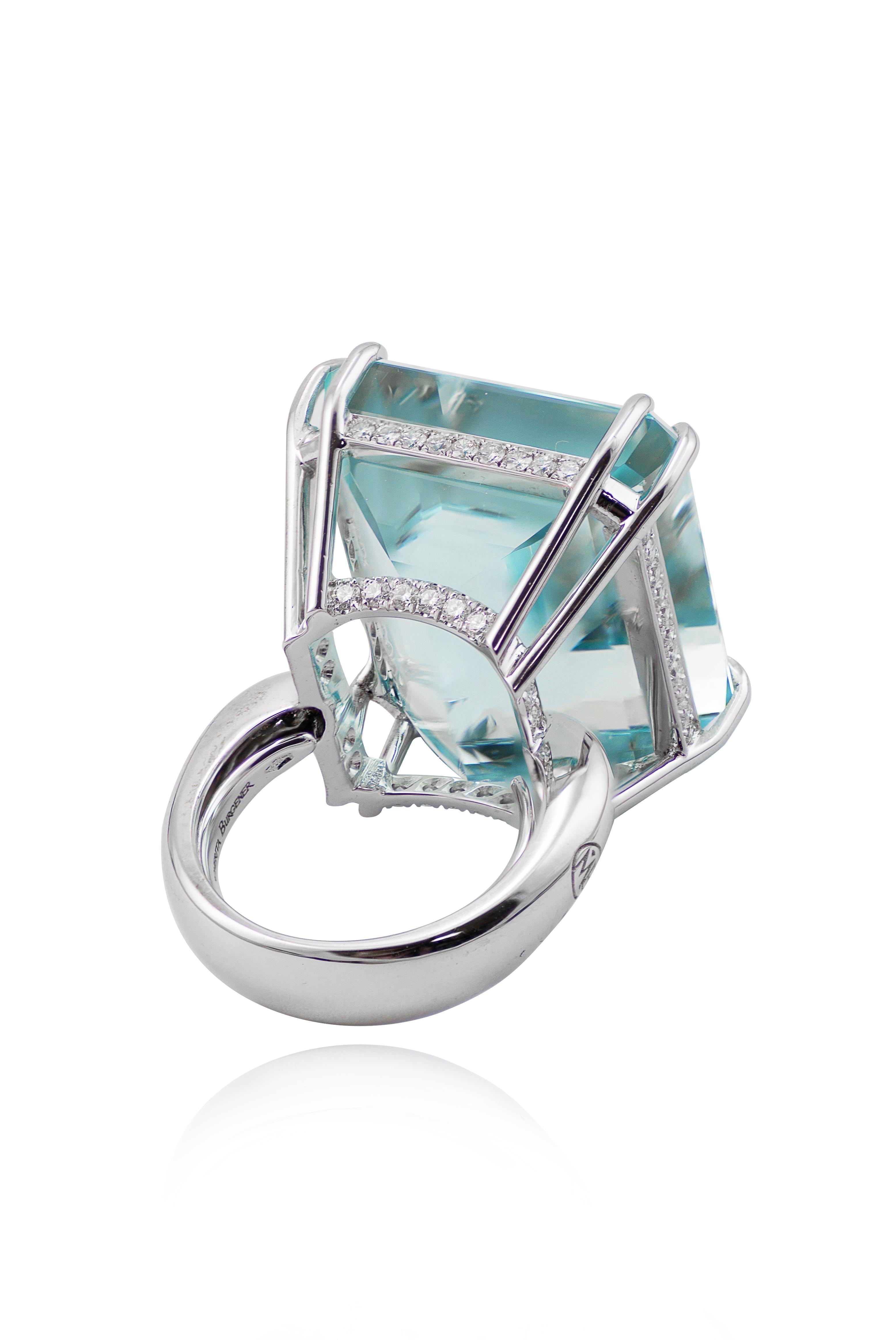 Octagon Cut Aquamarine Diamond 18 KT White Gold Made in Italy Cocktail Ring For Sale