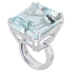 Aquamarine Diamond 18 KT White Gold Made in Italy Cocktail Ring
